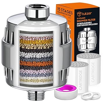 Tukzer 15 Stage Shower Head Filter Softener for Hard Water| High-Output Universal Water Tap Filter for Bathroom, Removes Chemicals Chlorine| Revitalizing, Improves Skin, Reduce Hair Fall(2 Cartridges)