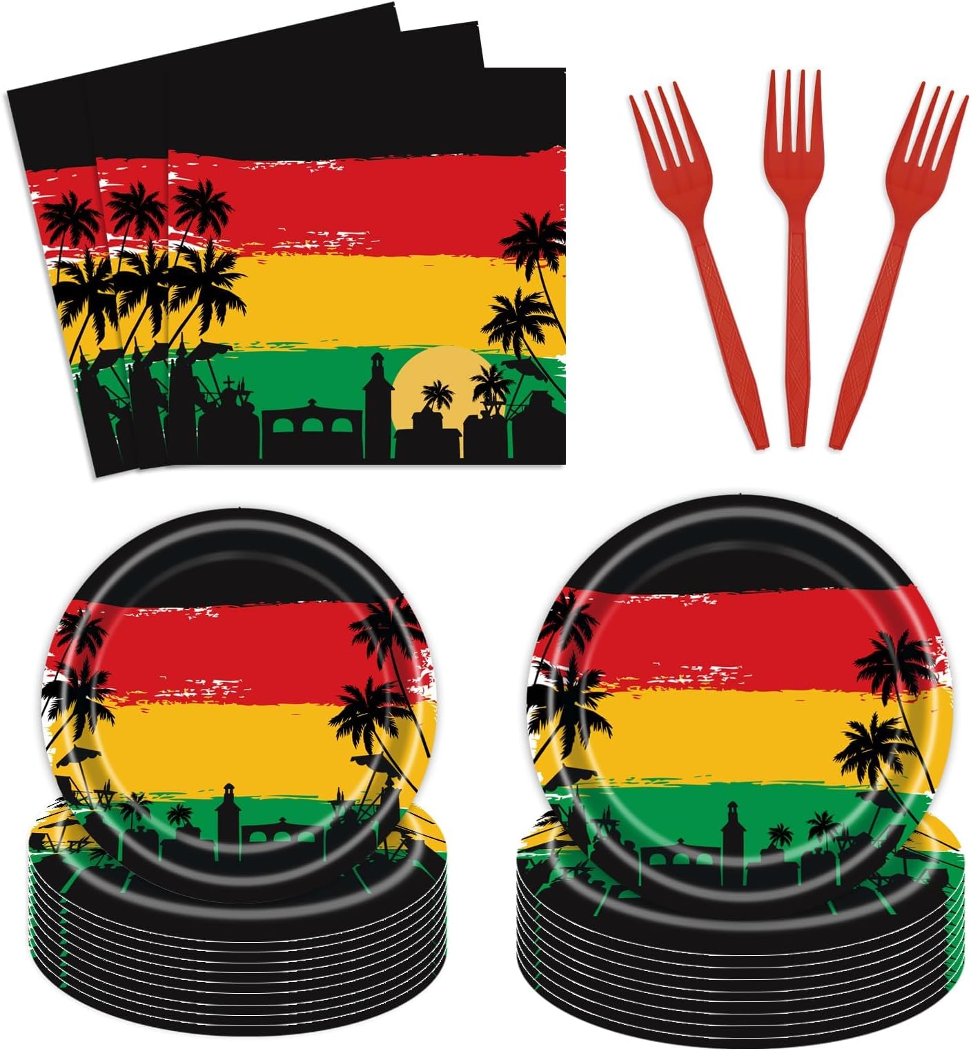 96 PCS Reggae Birthday Tableware Set Disposable Jamaican Rastafari Palm Tree Grafitti Happy Birthday Party Supplies Dinnerware Set for 24 Guests Include Dinner Plates,Napkins,Forks