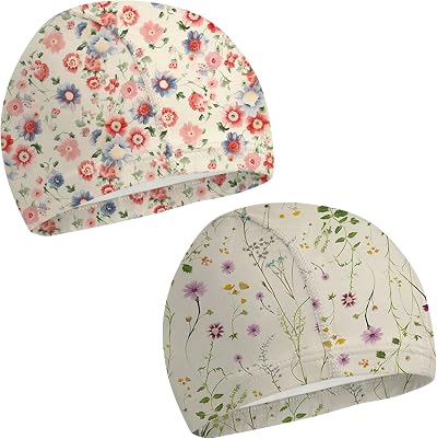 2PC Swim Cap Fabric High Elasticity Durable Comfortable Non Slip Breathable Cloth Swim Hat Cap for Men Women Girls Cute