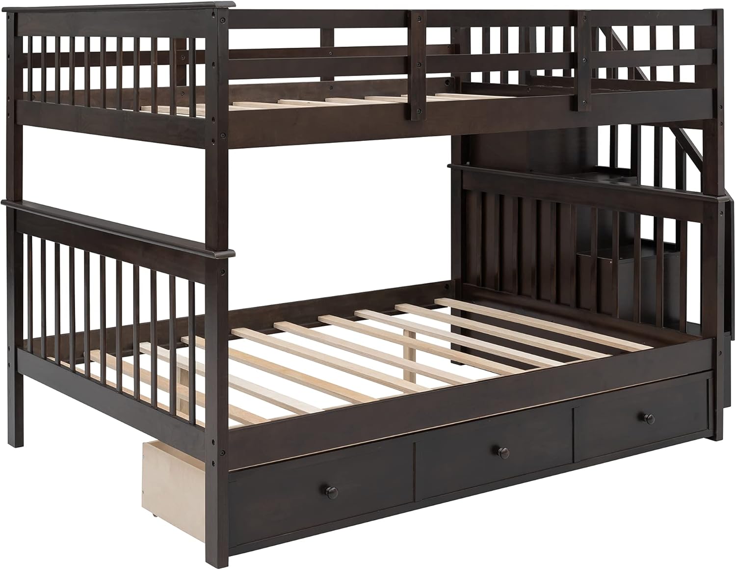 Full Over Full Wood Bunk Bed with Stairs and Drawers,Stairway Bunk Bed Frame with Guardrails,Can be Separated into 2 Beds,Full Size Low Bunkbeds for Bedroom Guest Room,No Box Spring Needed,Espresso