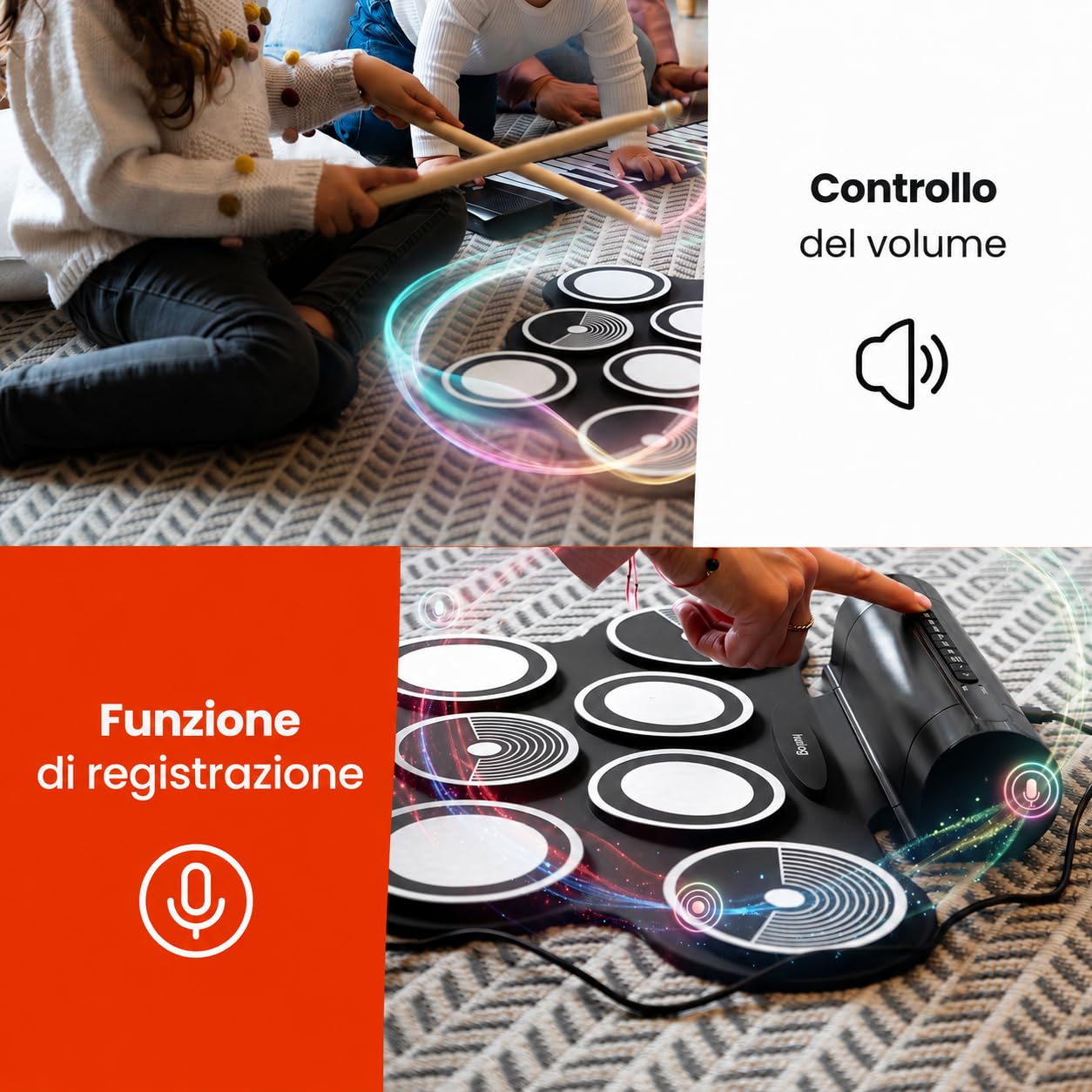 Batteria Elettronica Portatile per Bambini e Principianti, 7 Pad + 2 Pedali, 12 Ritmi Demo, 7 Suoni, Funzione Registrazione, Ingresso MP3, Uscita Cuffie e Altoparlanti