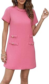 Womens Tweed Jackie Dress Elegant Classic Short Sleeves Crew Neck Vintage A Line Shift Mini Dress - Buy now