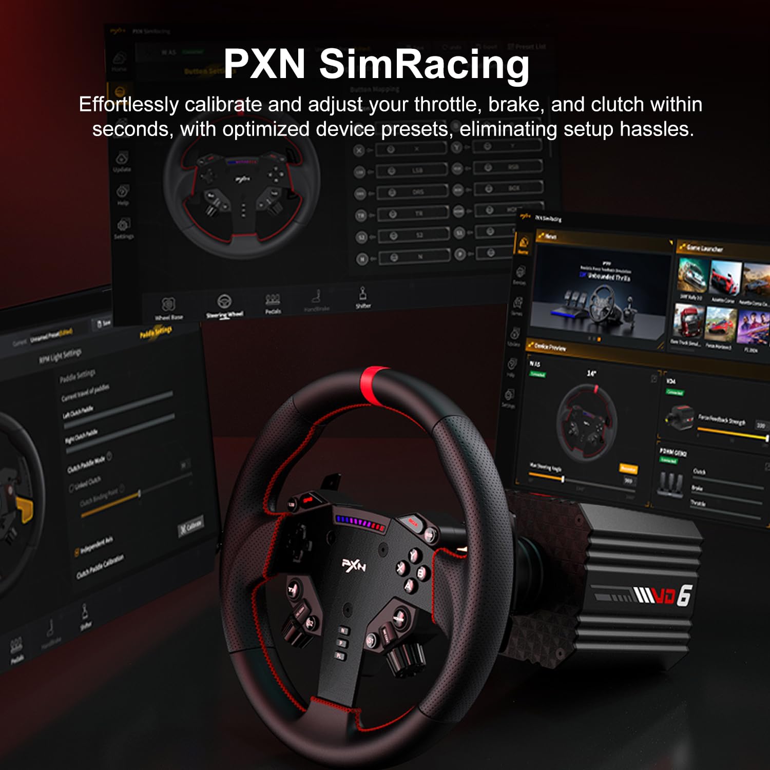 PXN SimRacing Software interface with steering wheel