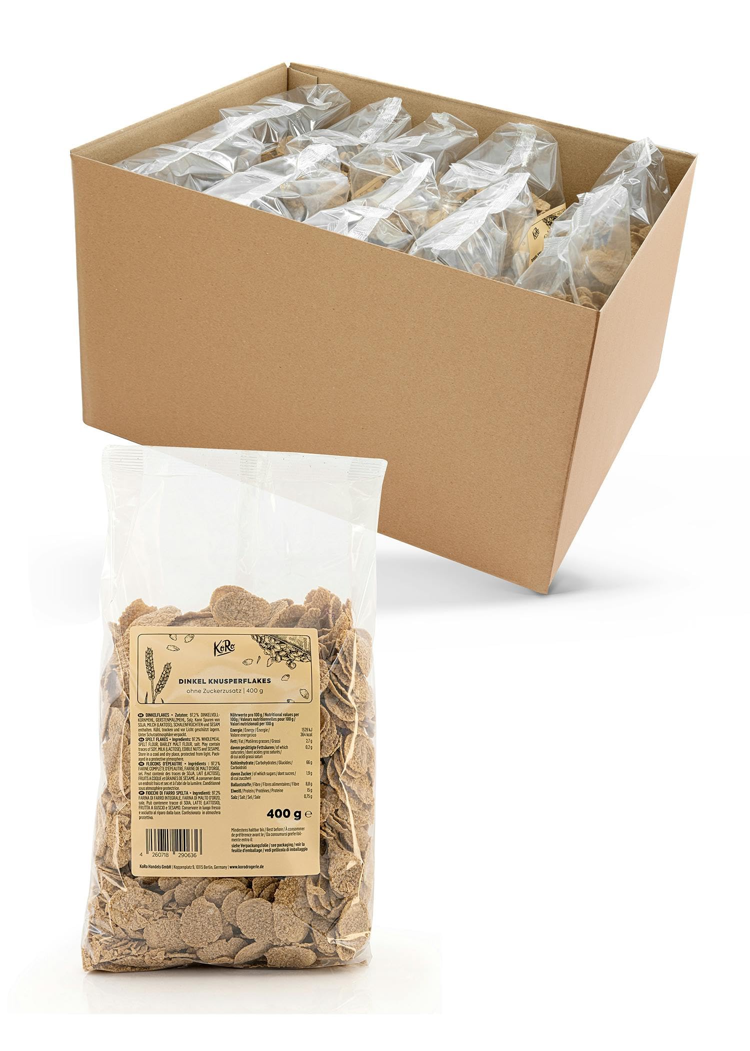 KoRo - Flocons d'épeautre sans sucre ajouté 10 x 400 g - Non sucrés - Super croustillants - Parfaits pour le muesli
