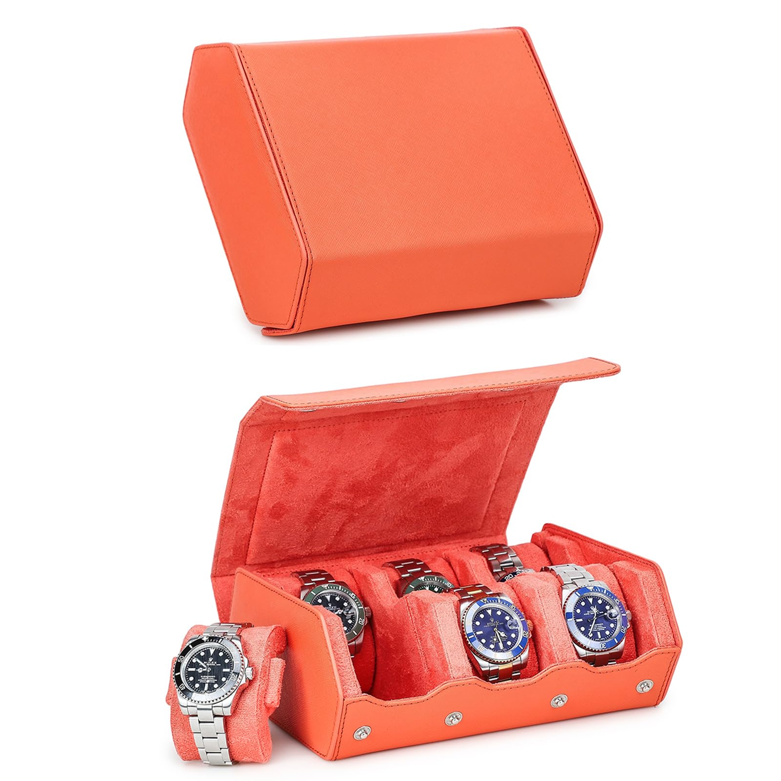NFBCXUTKW Hiram Hexagon Watch Case Genuine Saffiano Leather Watch Box for 6 Watches, Leather 6-Slot Watches Protective Storage Case Watch Display Organizer for Men (Orange)