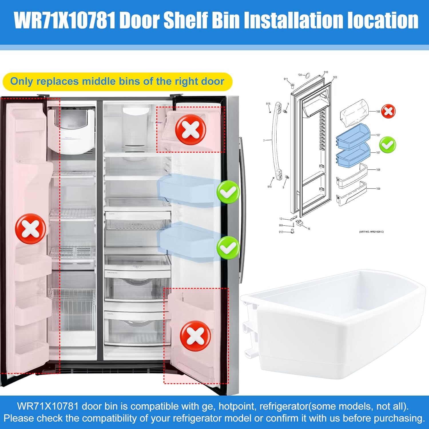WR71X10781 Door Shelf Bin Compatible with ge, hotpoint Refrigerator: GSE25GGHECBB, GSS23GGKECBB, GSS25CSHKCSS, GSHS6HGDBCSS etc. Adjustable Door Bin Replacement PS2323453, AP4345099, 1478101 etc.