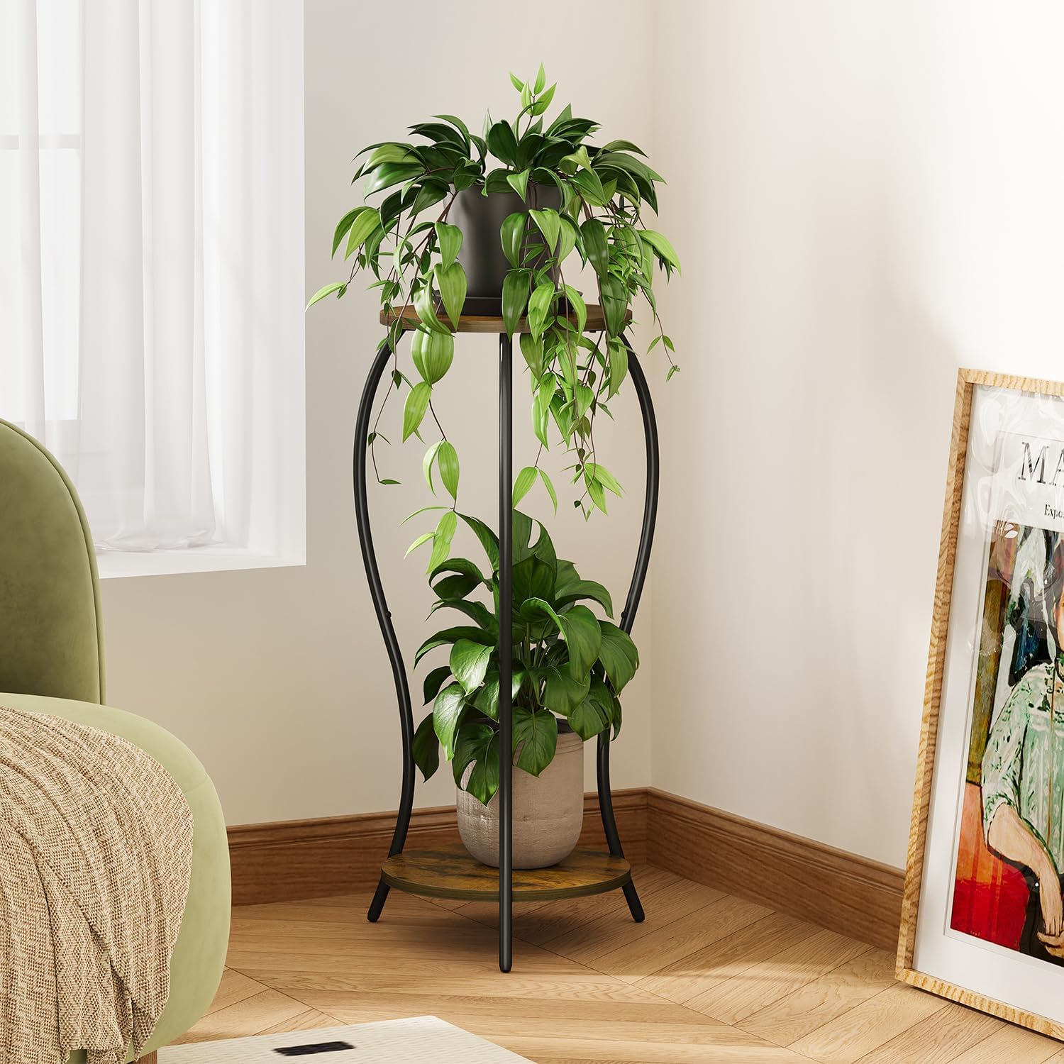 VYUOL Plant Stand Indoor,2 Tier Round Potted Holder Stand,Flower Pot Stand,Plant Supports Rack,Corner Plant Shelf for Planter Garden Balcony Patio Living Room Brown-Wood 2 Tier