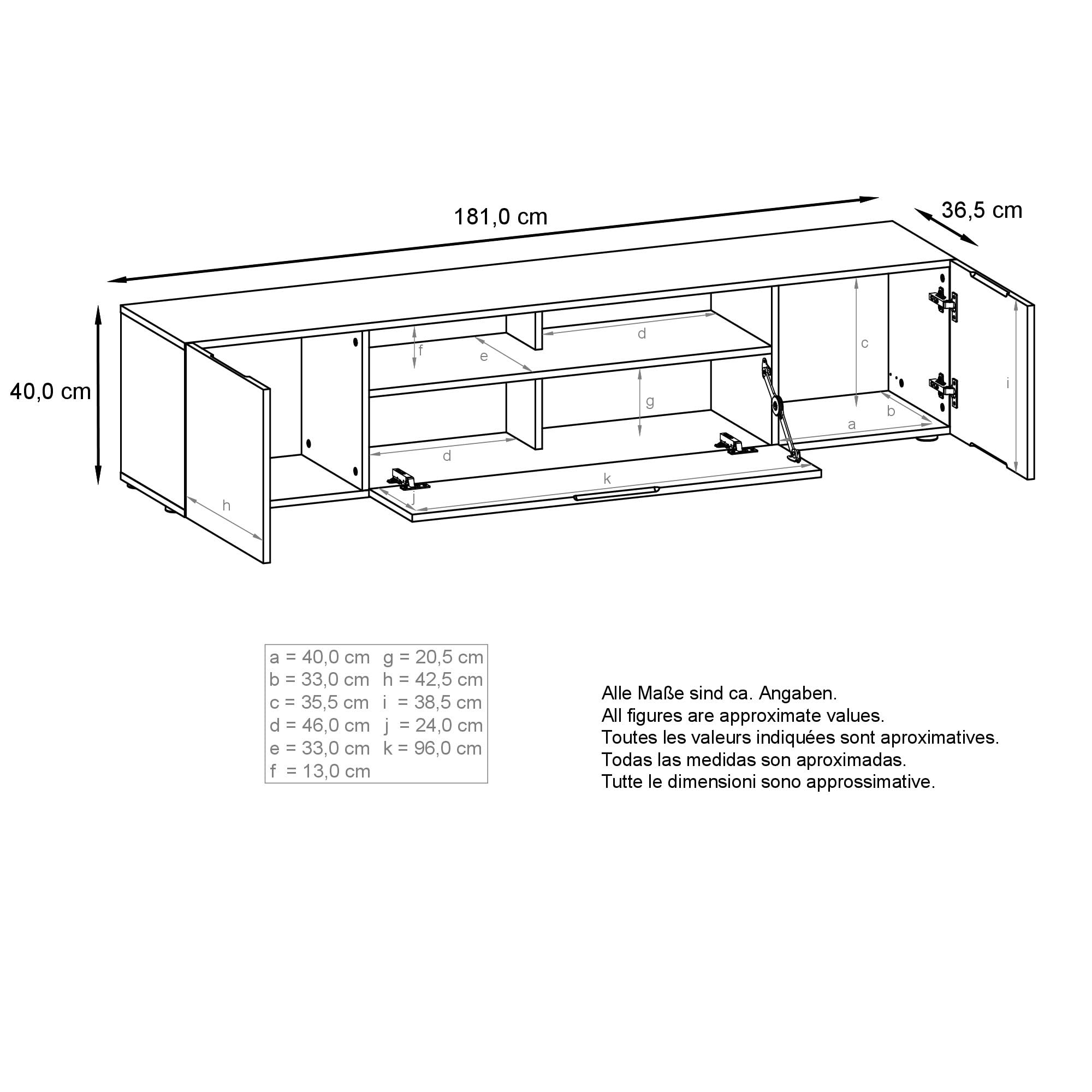 Vladon Lowboard Mogan, TV-Kommode mit 2 Türen, 1 Klappe und 1 offenes Fach, Weiß matt/Weiß Hochglanz (181 x 39 x 35 cm)