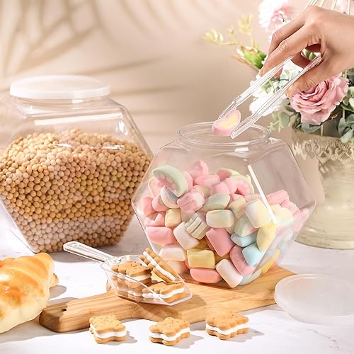 Miniatura 4 de Umigy 2 juegos de tarros de plástico para dulces, bufé, forma hexagonal, tarros de galletas transparentes con tapas, pinzas de plástico para servir