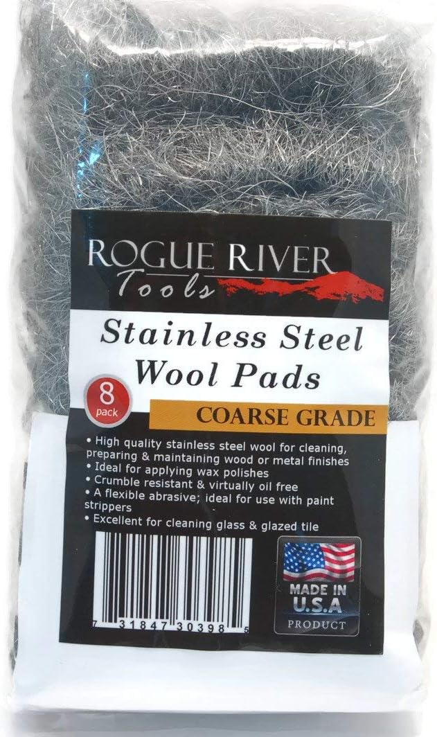 434 Stainless Steel Wool (8 pad Pack) - COARSE Grade - by Rogue River Tools. Made in USA, Oil Free, Won’t Rust. Choose from All Grades!