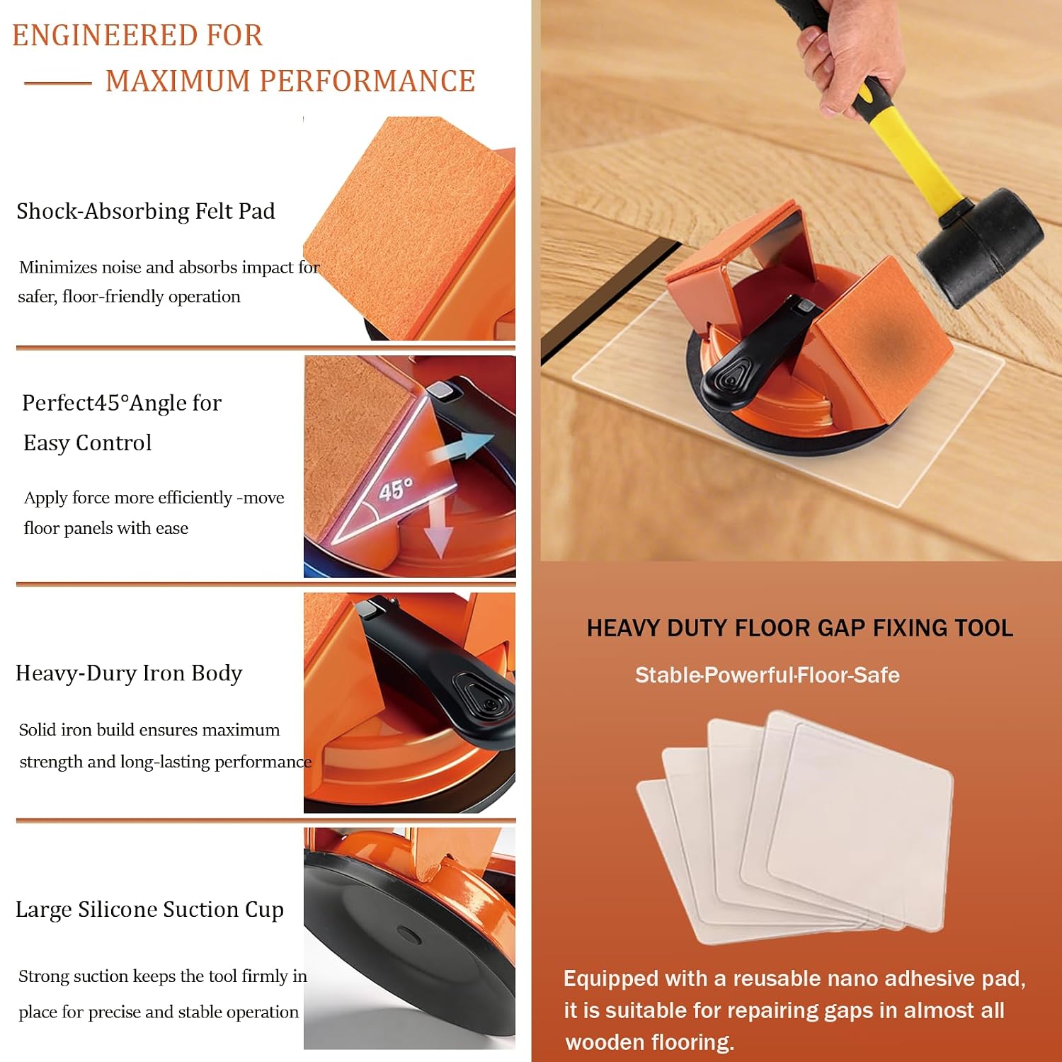 Heavy Duty Floor Gap Fixer Tool, Heavy Suction Cup Plank Grabber with Nano Gel Adhesive Pad for Laminate, Vinyl, Wood & Tile Flooring,Laminate Plank Gap Repair Tool(Orange)