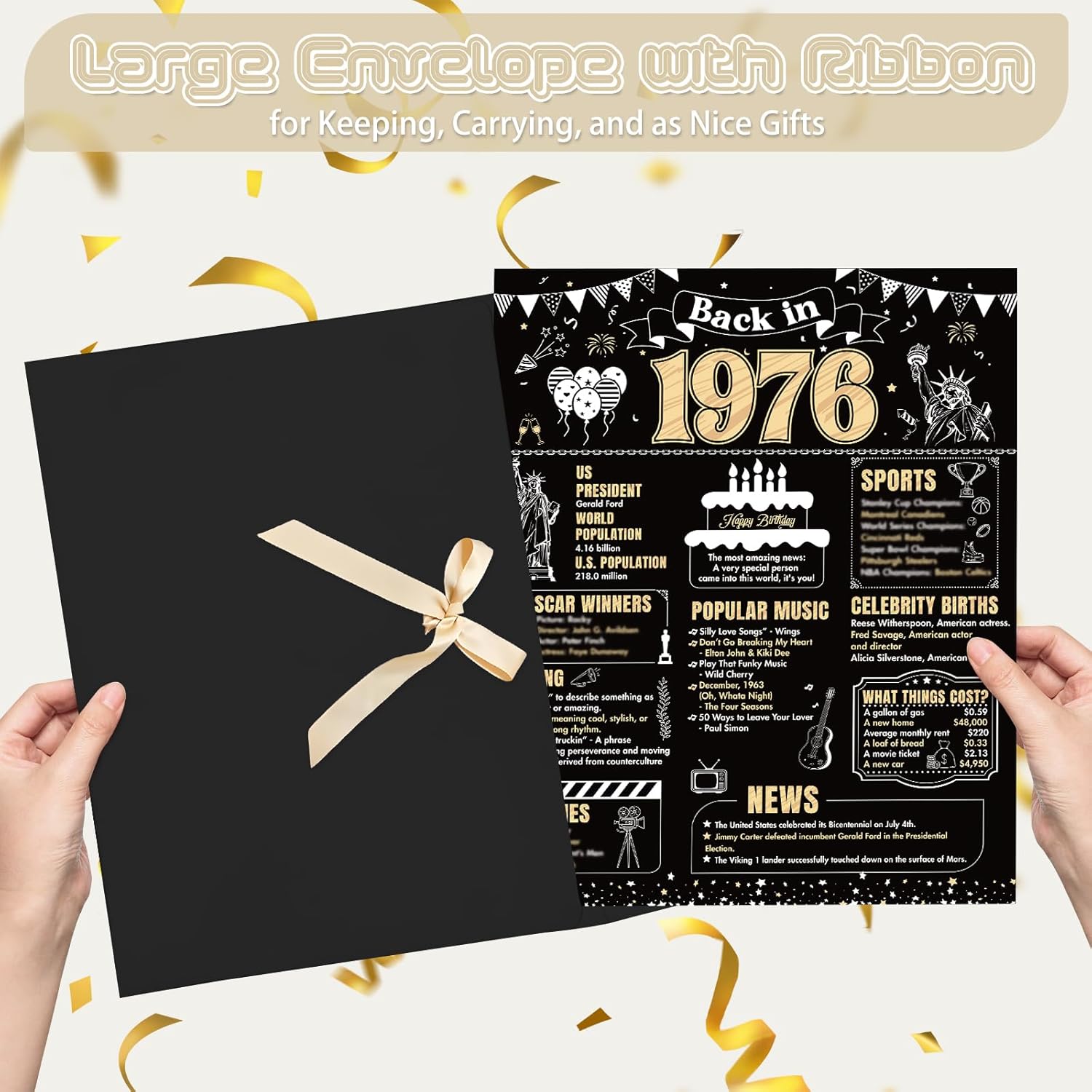 50th Birthday Card With Envelope - Back in 1976 Birthday Giant Guest Book Gifts for Men Women, Black Gold Happy 50 Fifty Years Old Bday Greeting Card Party Decorations Supplies - Image 3