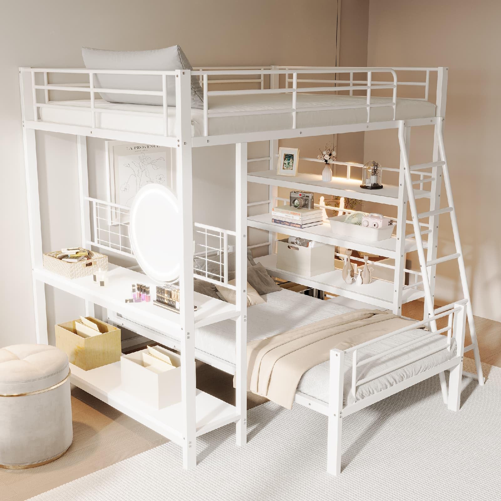 Lit Mezzanine Enfant PUGSDRLY 140x200cm - Blanc Avec Escalier Rangement - Espace Jeu Dessous - 150kg Charge