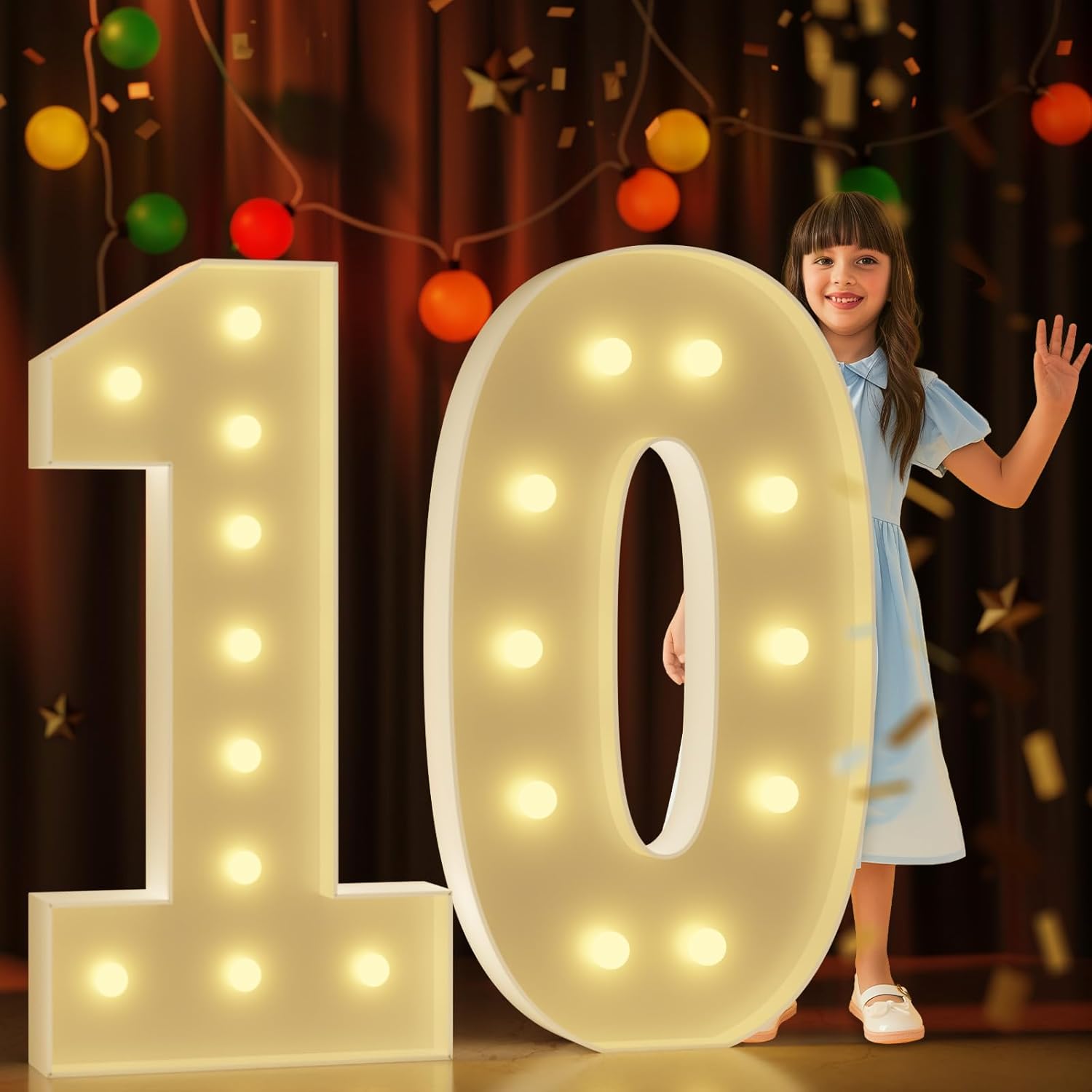 Photo 1 of Marquee Numbers 4 Feet Tall Large Light Up Numbers 10th 10 Year Old Birthday Decorations Girl Boy Big Yellow Light Outdoor Anniversary Decorations Balloon Arch Kit Party Backdrop 10