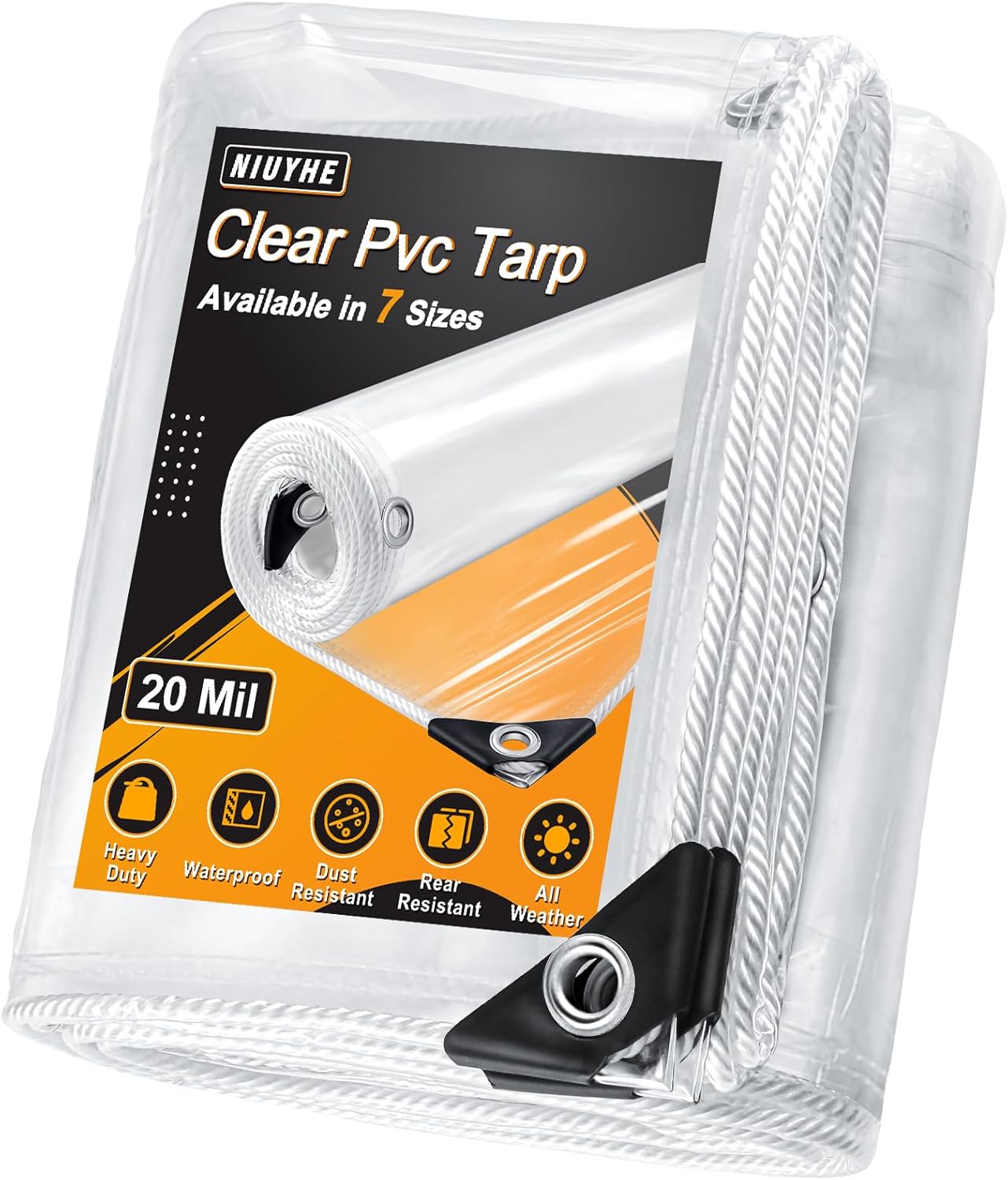 20Mil Clear tarps with Grommets, 10'x16' PVC Plastic Transparent Tarpaulin with Reinforced Edge for Home Garden, Camping, Chicken Coops Cover, Outdoor Clear Vinyl Tarps Heavy Duty Waterproof 10x16