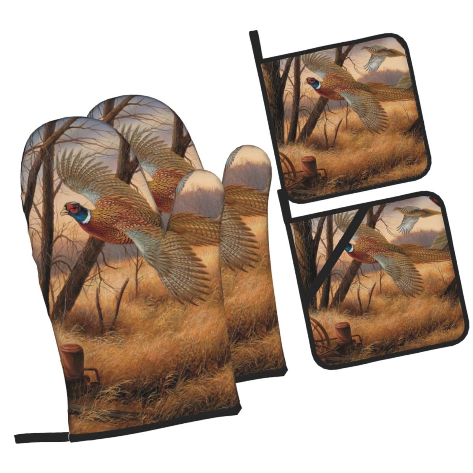 pheasant hunting Printed Oven Mitts and Pot Holders Heat Resistant Set of 4 Pcs, Modern Kitchen Gloves & Potholders for Cooking Baking Grilling