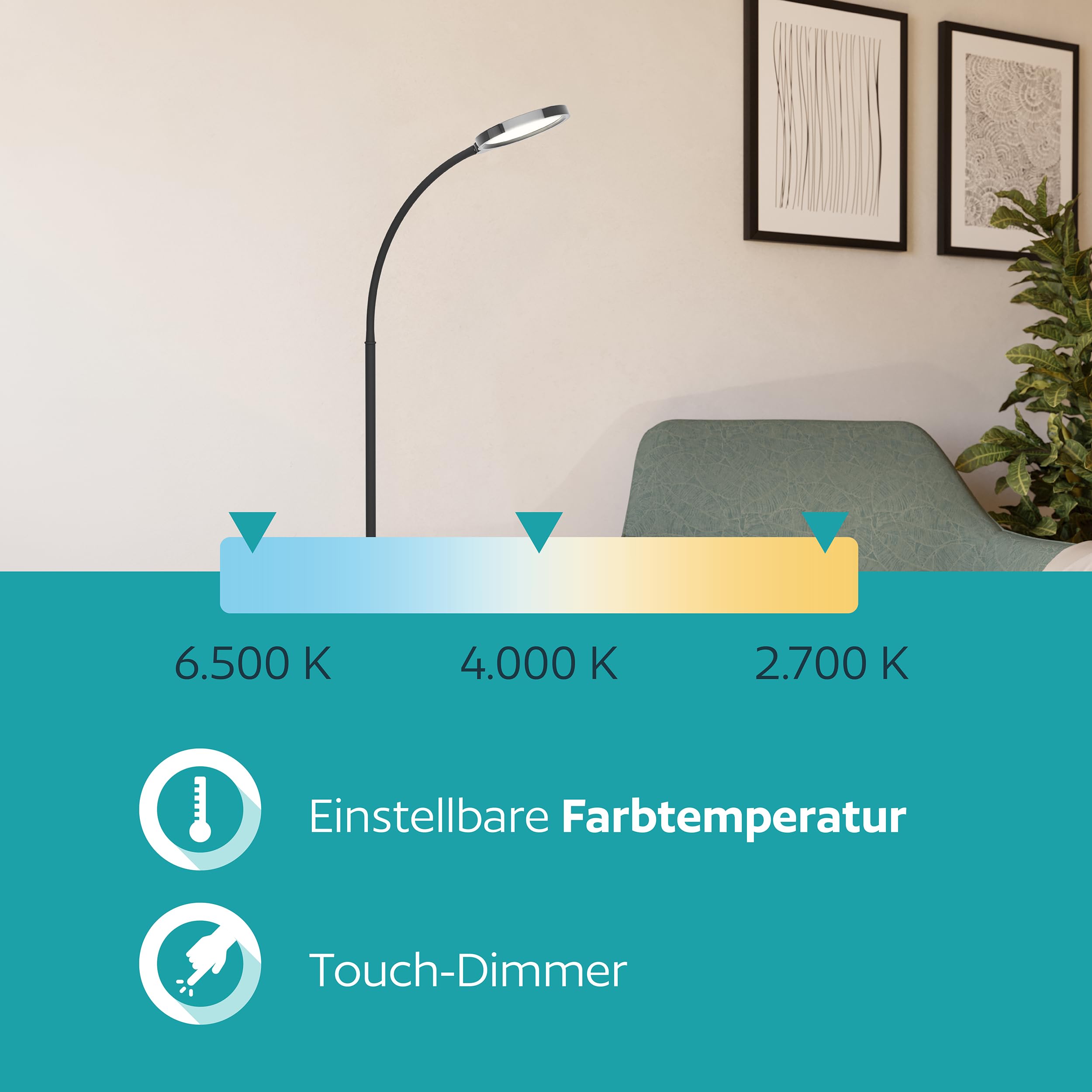EGLO LED Stehlampe Lauro, Lampe Wohnzimmer, Standleuchte touch dimmbar | flexible Leselampe aus Kunststoff in Schwarz, warmweiß-kaltweiß, 132 cm