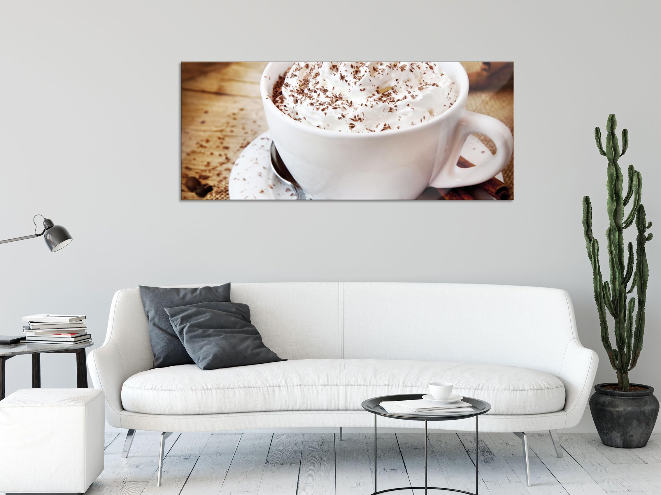 Pixxprint Glasbild Panorama, Wandbild aus Echtglas, Frischer Kaffee mit Schokostreusel, 120x50 cm, inkl. Aufhängung und Abstandshalter