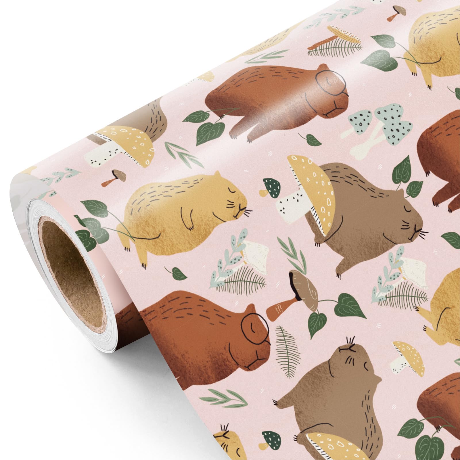 WRAPAHOLIC Capybara Wrapping Paper Roll - Mini Roll - 17 Inch x 16.5 Feet - Cute Capybara and Mushroom Wrapping Paper Perfect for Kids Birthday, Baby Shower, Animal Lover