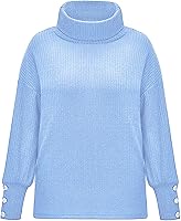 Vista 3 de Suéter de cuello redondo para mujer, manga larga de farol, bloque de color, a rayas, lindo suéter suelto de punto gofre, suéter de punto