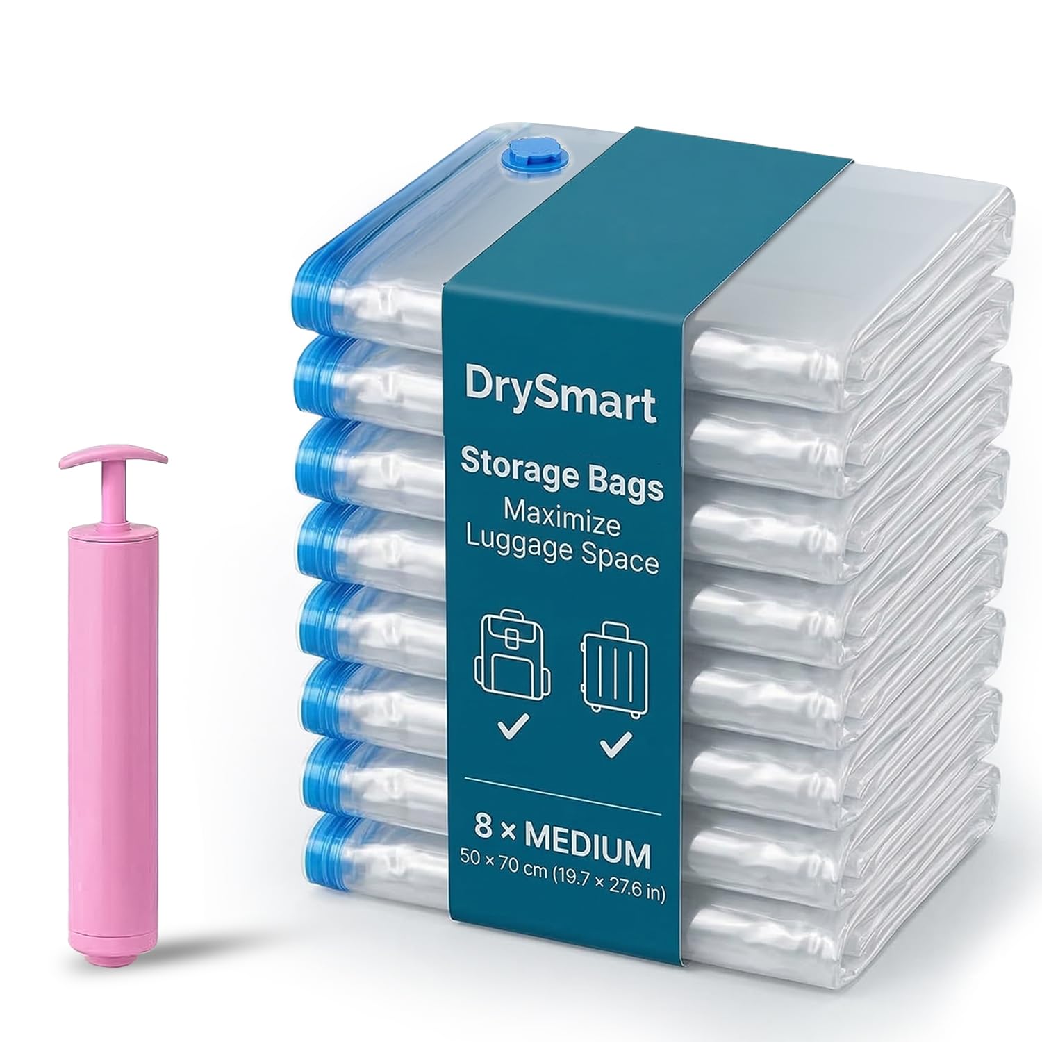 DrySmart 8 Vacuum Storage Bags with Hand Pump, (50 x 70cm) Medium Compression Storage Pack with Zip Seal, Space Saver Vacuum Pack Bags for Clothes, Bedding, Blankets, Luggage, Travel & Home
