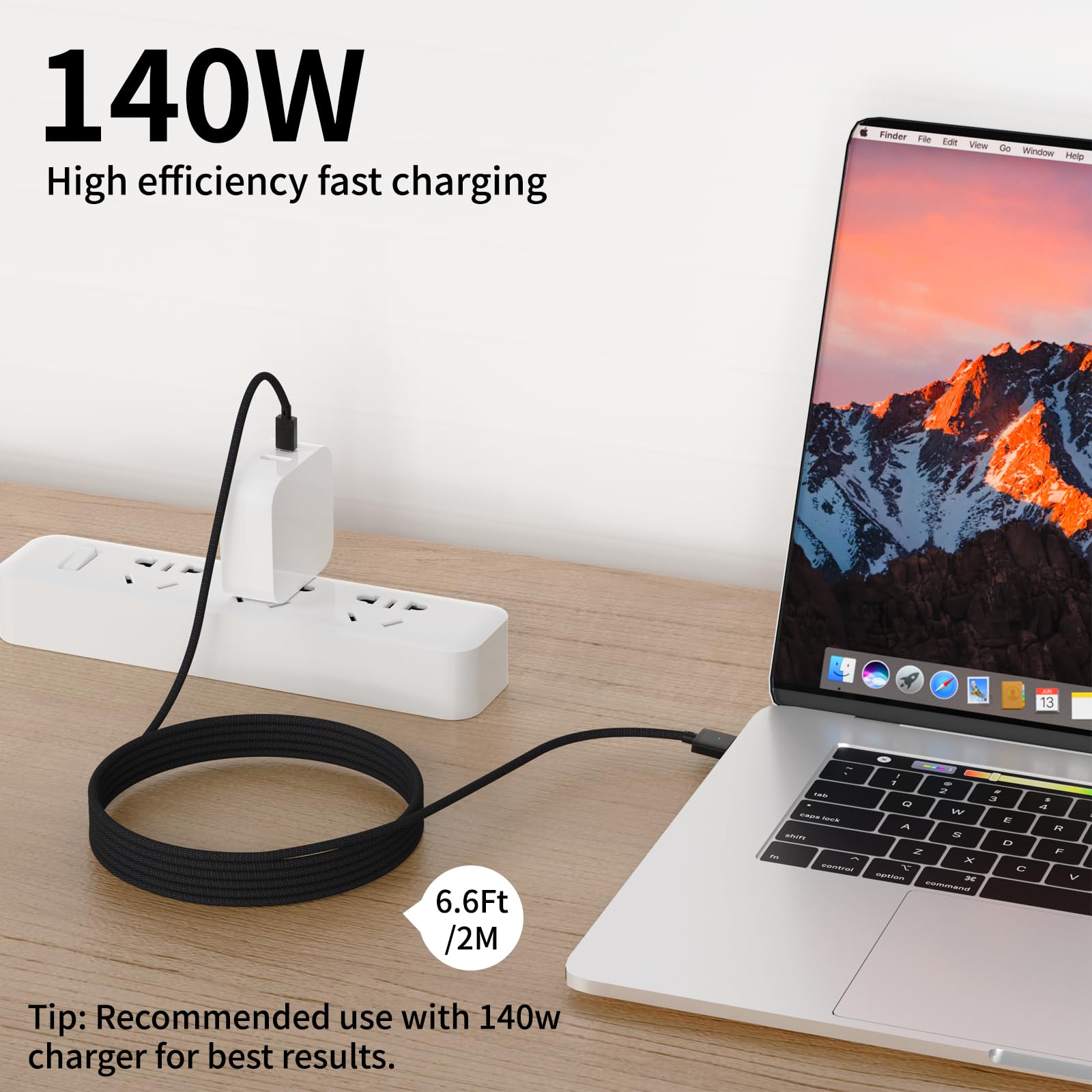 Cable USB-C a magnético 3 compatible con carga Magsafe - Carga rápida de 140 W, cable trenzado de 2 m para MacBook Pro/Air M4 M3 M2 modelos (2021-2026) - Blcak