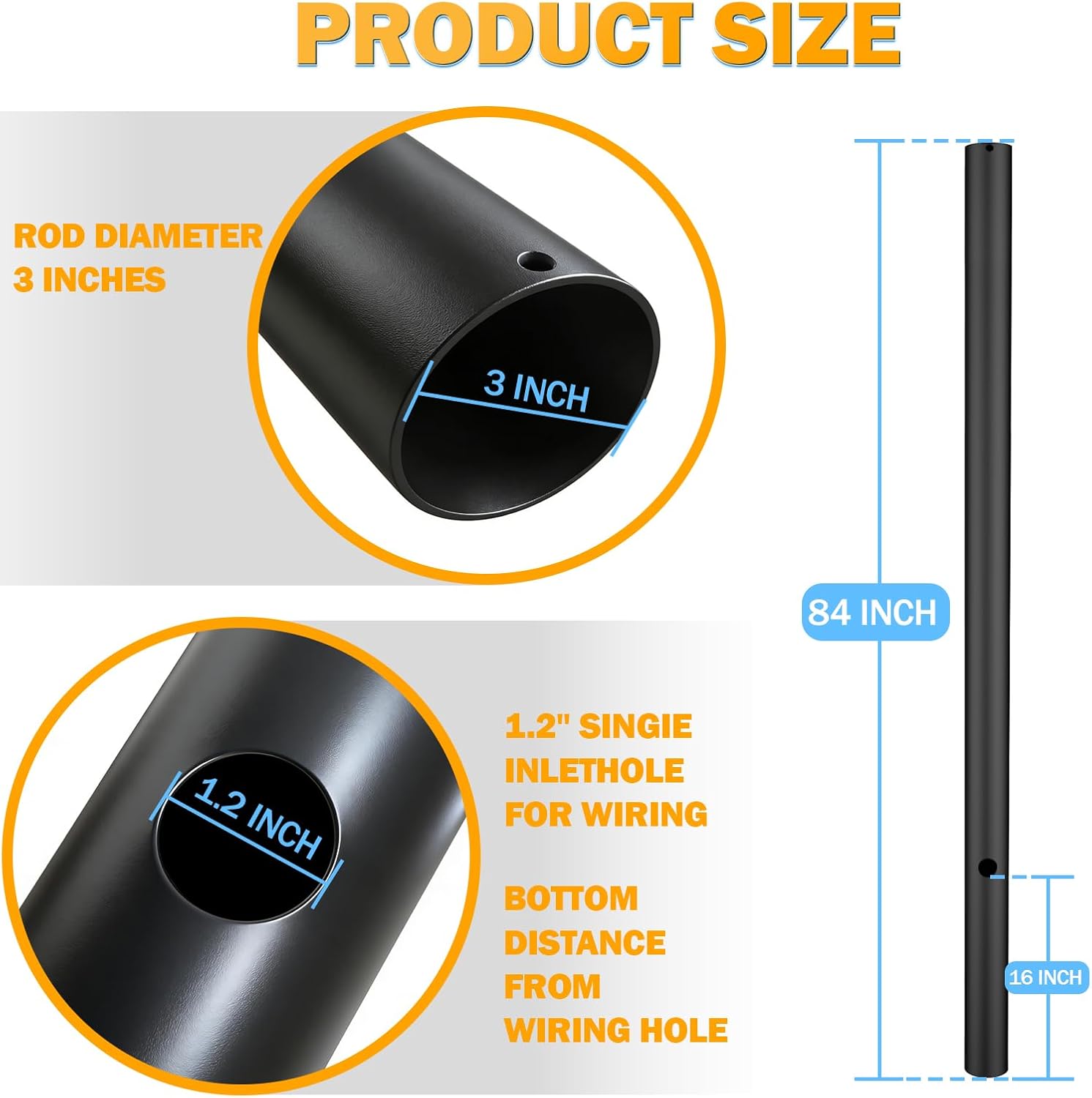 3" x 84" Black Steel Modern Outdoor Light Post Pole - Direct Burial Die-Cast Metal Lamp Post for Exterior House, Porch, Patio, Driveway, Garden, Walkway, Deck, Lawn, Terrace, Courtyard & Garage