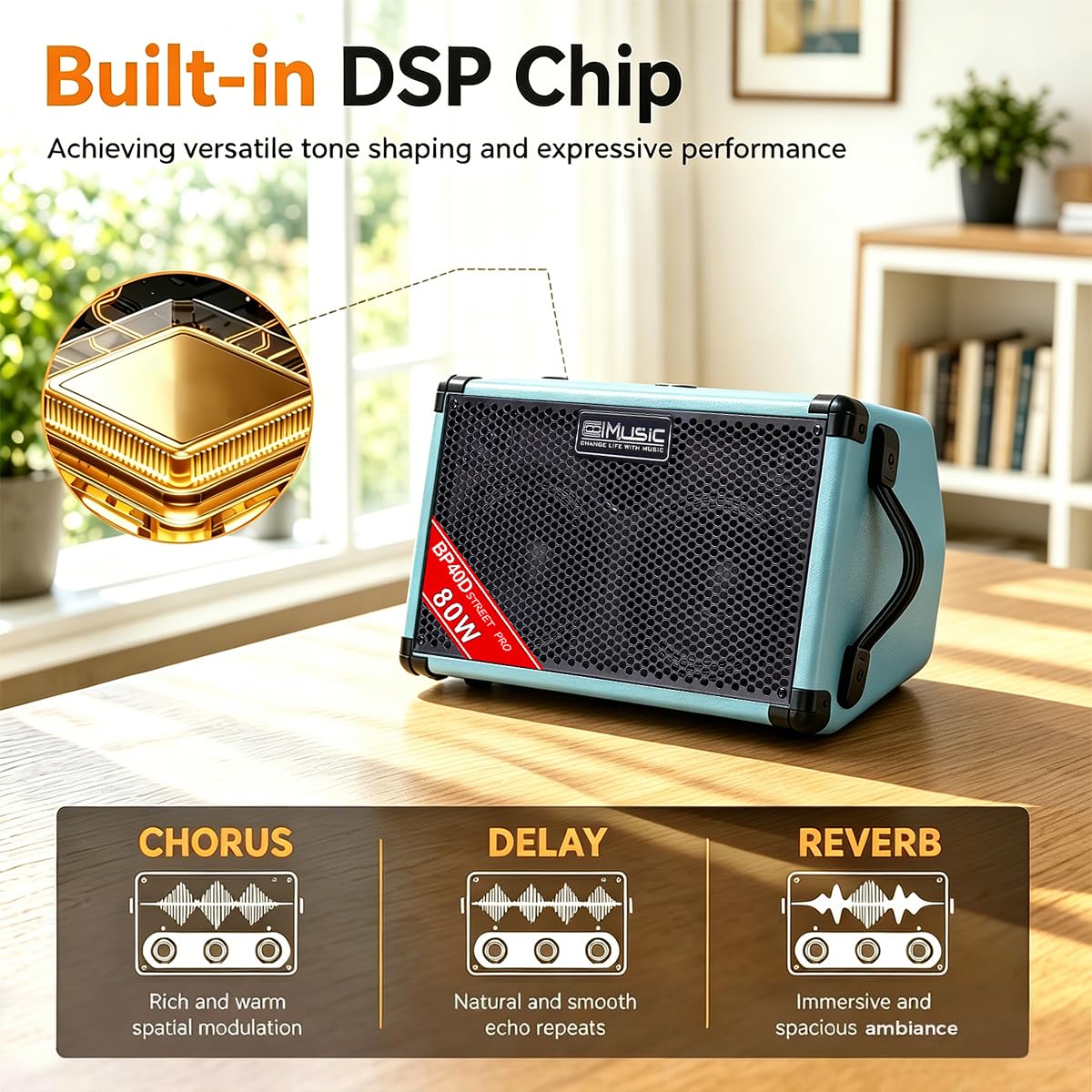 BP40D Akustikgitarre Verstärker Busking Amp - 80W tragbarer Bluetooth-Lautsprecher mit Akku, Chorus Reverb Delay Effekt, 6 Eingänge, 3-Band EQ