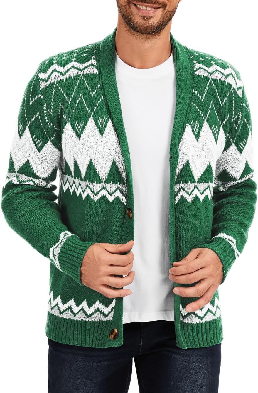 Men's Shawl Collar Cardigan Vintage Geometric Button Down Sweater