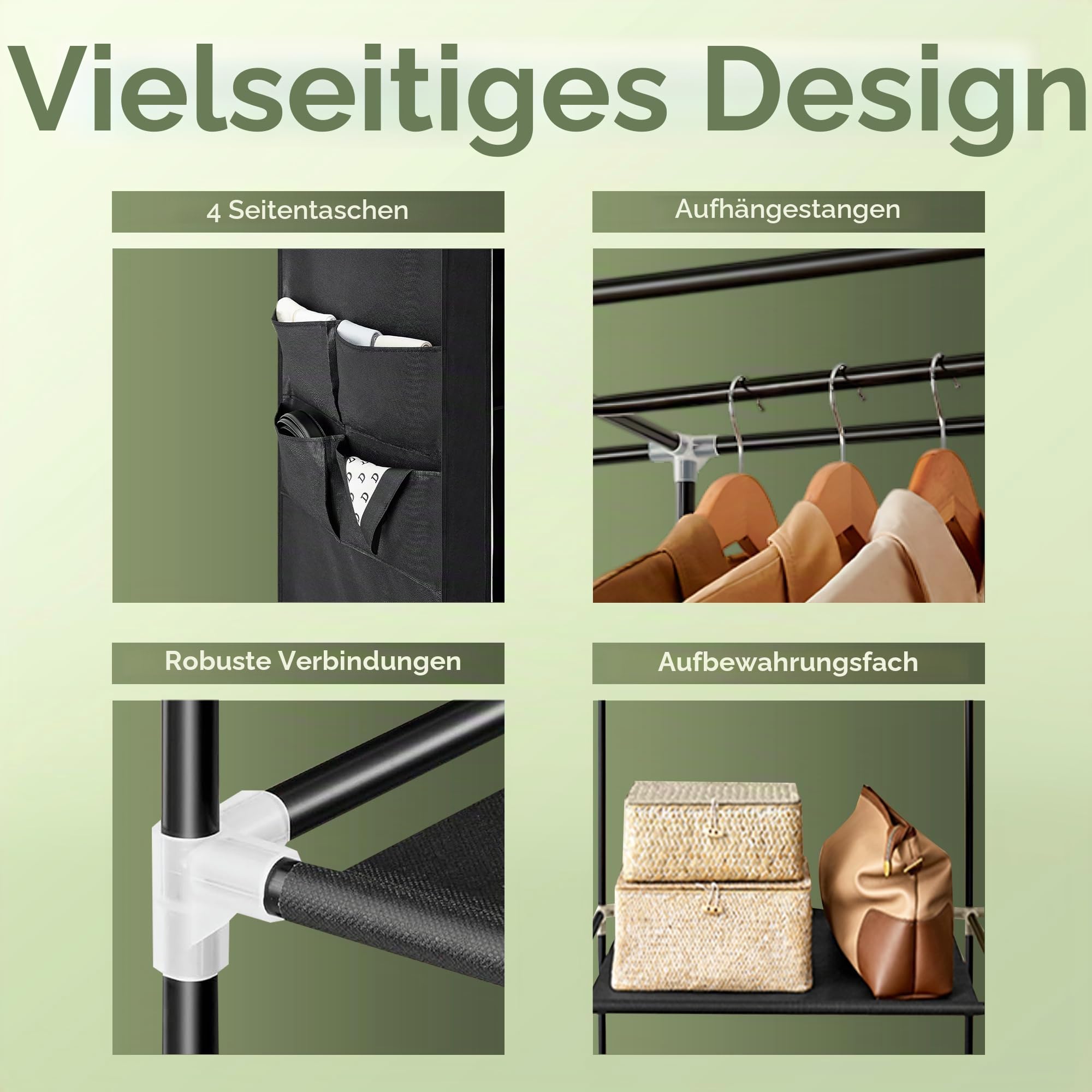 JUPPLIES Stoffkleiderschrank 45x150x175 cm – Faltbarer Kleiderschrank mit Kleiderstange, Regalen und Seitentaschen – Stoffschrank für Schlafzimmer, Leicht & Stabil