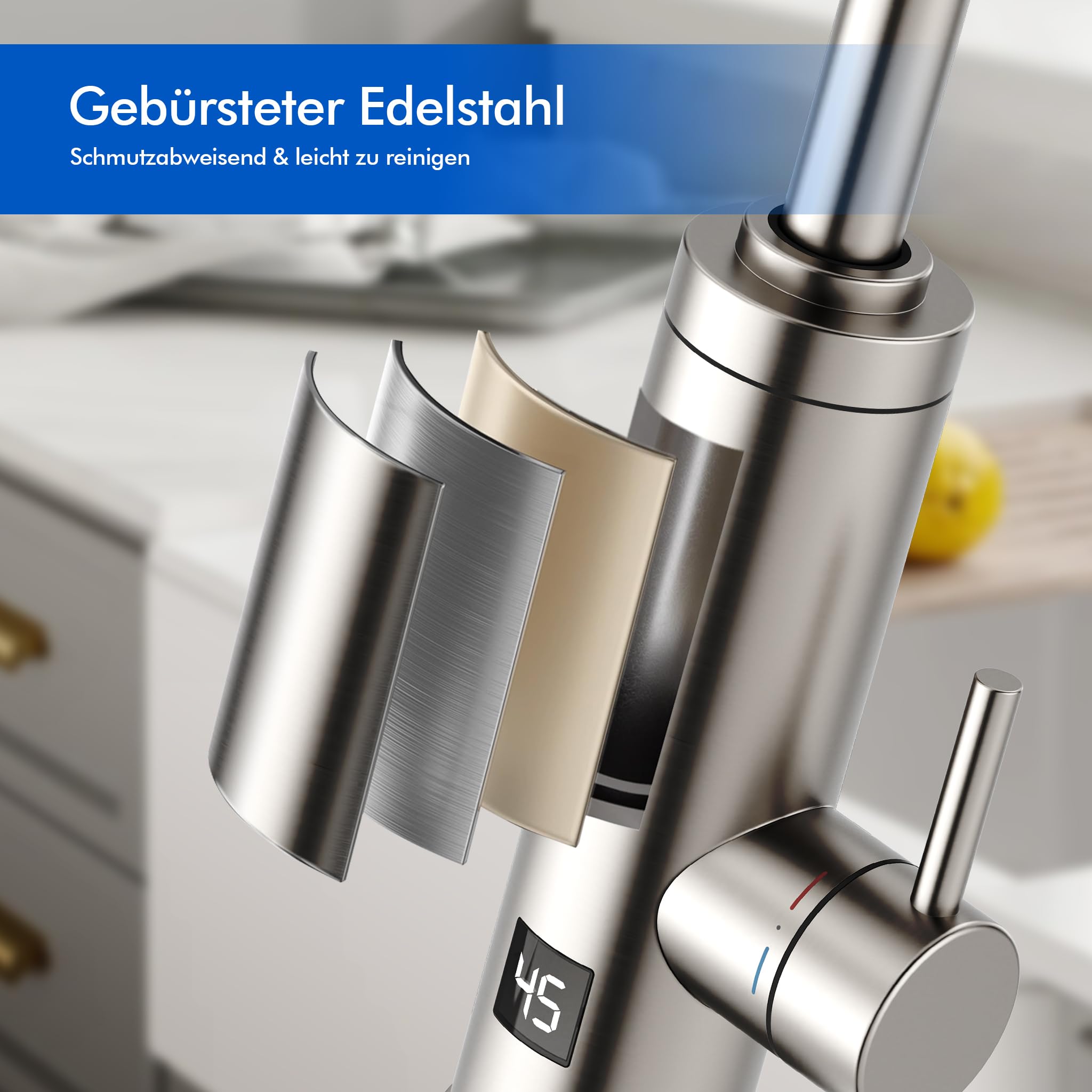 HOMELODY Wasserhahn mit Durchlauferhitzer 230V, GS-Zertifizierung Elektrischer Wasserhahn Sofort Heißes Küchenarmatur mit LED-Display, Anti-Spritz Edelstahl Küchenarmatur, Durchlauferhitzer Küche