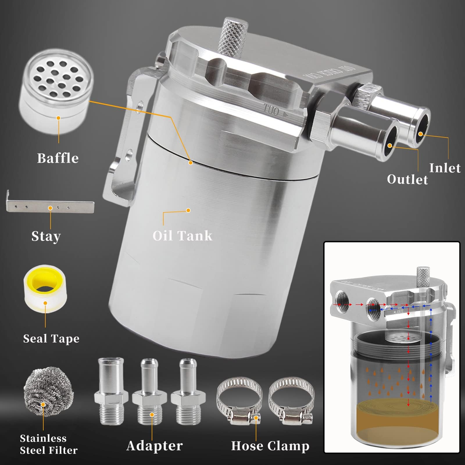 Oil Catch Can Kit Aluminum Reservoir Tank 400ml 3/8" NBR Fuel Line Silver