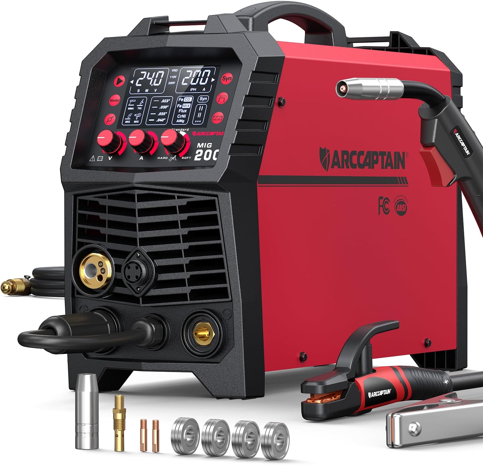 MIG Welder, 200Amp 6 in 1 Gas MIG/Gasless Flux Core MIG/Stick/Lift TIG/Spot welding/Spool Gun 110V/220V Aluminum Multi Process Welding Machine with LED Digital Display, Burn Back Adjustment