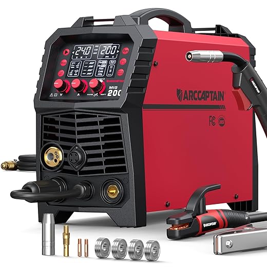 ARCCAPTAIN MIG Welder, 200Amp 6 in 1 Gas MIG/Gasless Flux Core MIG/Stick/Lift TIG/Spot welding/Spool Gun 110V/220V Aluminum Multi Process Welding Machine with LED Digital Display, Burn Back Adjustment