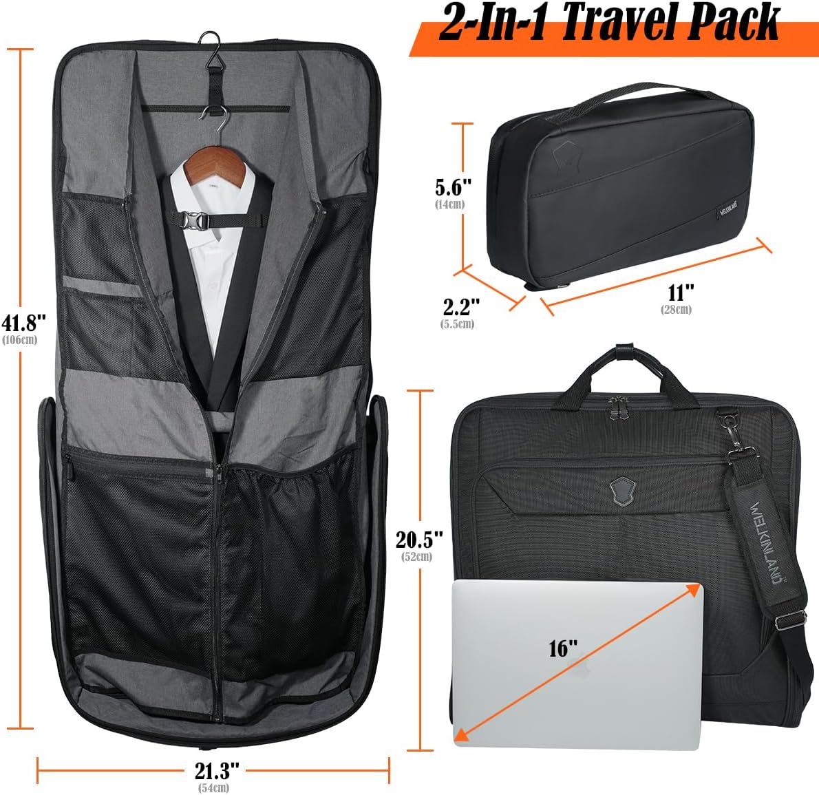 WELKINLAND 3-Suits Garment Bag for Travel with Toiletry Bag, 30L-Large Suit Carry On Garments Bag for Travels, 15-Pockets Suits Holder Travel Bags, Wrinkle-Free Suit and Dress Garment Bag for Travels - Image 3