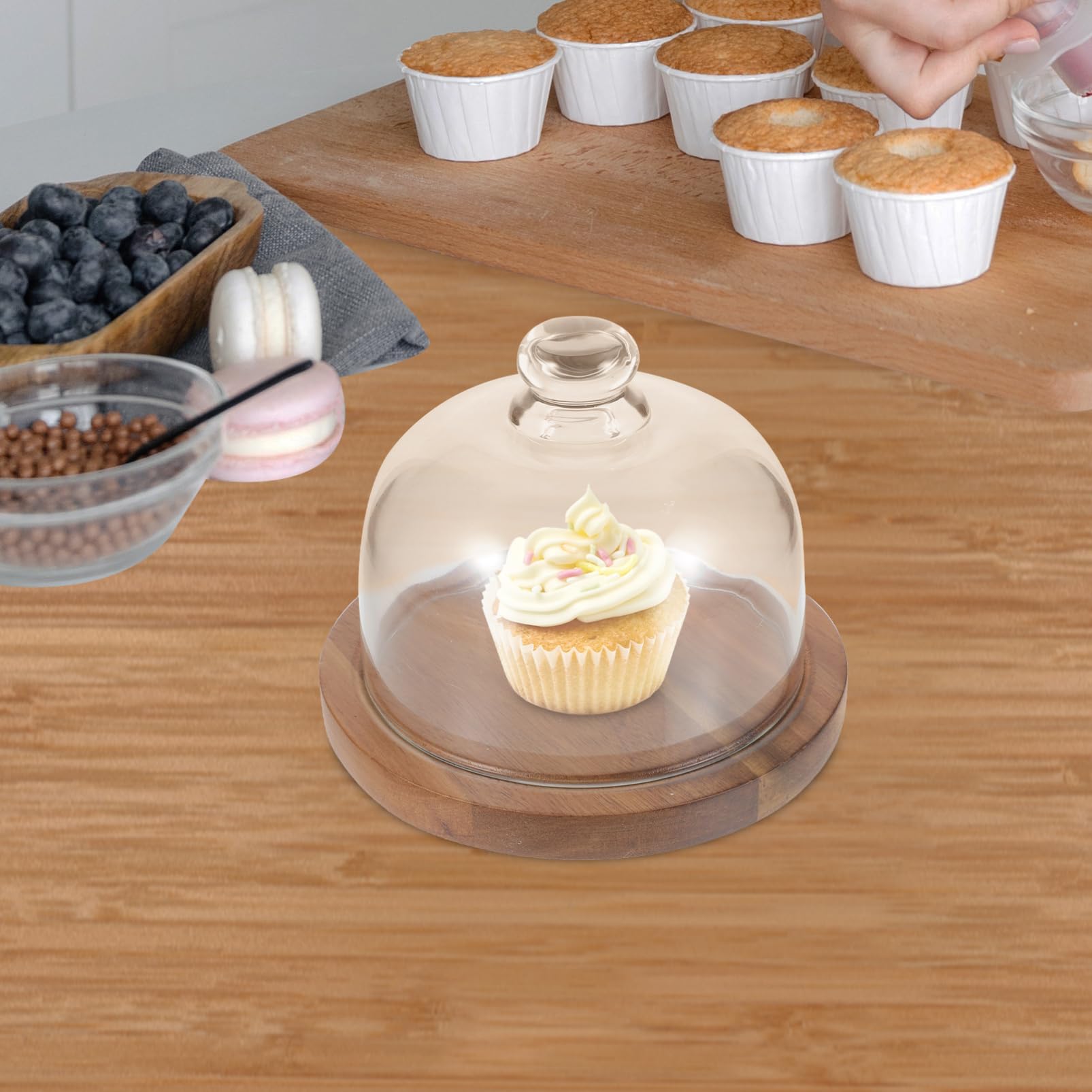 Alipis Plato de Postre con Cúpula de Vidrio, 1 Juego, Madera