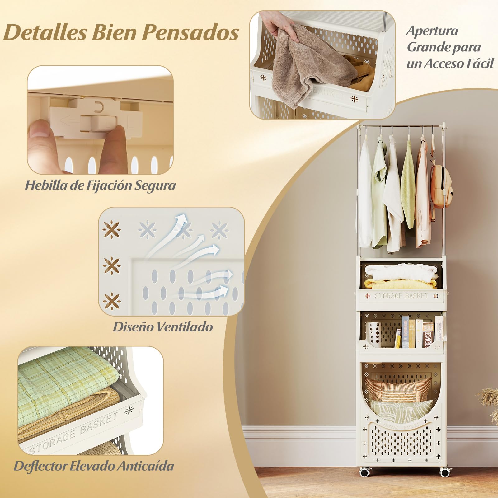 GIANTEX Cesto Ropa Sucia con Ruedas, Cesta de Lavandería Plegable con Copartimentos Abiertos, 6 Ganchos, Carrito de Almacenamiento para Baño, Dormitorio (81 L+Barra)