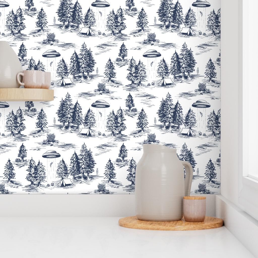Removable Wallpaper 6ft x 2ft - UFO Toile Alien Small Scale Blue White Whimsical Space Custom Pre-Pasted Wallpaper by Spoonflower