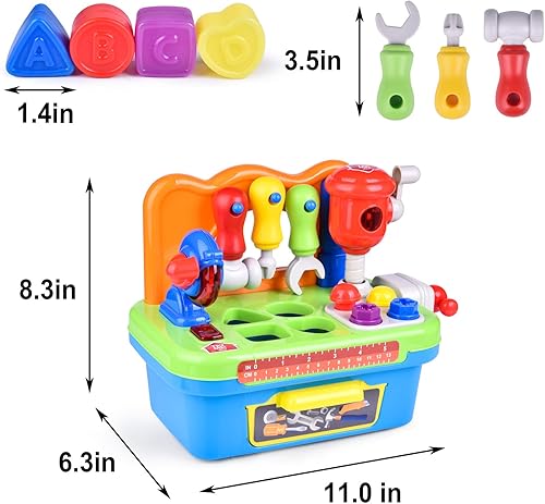 Miniatura 7 de FUN LITTLE TOYS Banco de trabajo y kit de herramientas de juguete de construcción con sonido y música, juego de herramientas para bebés con