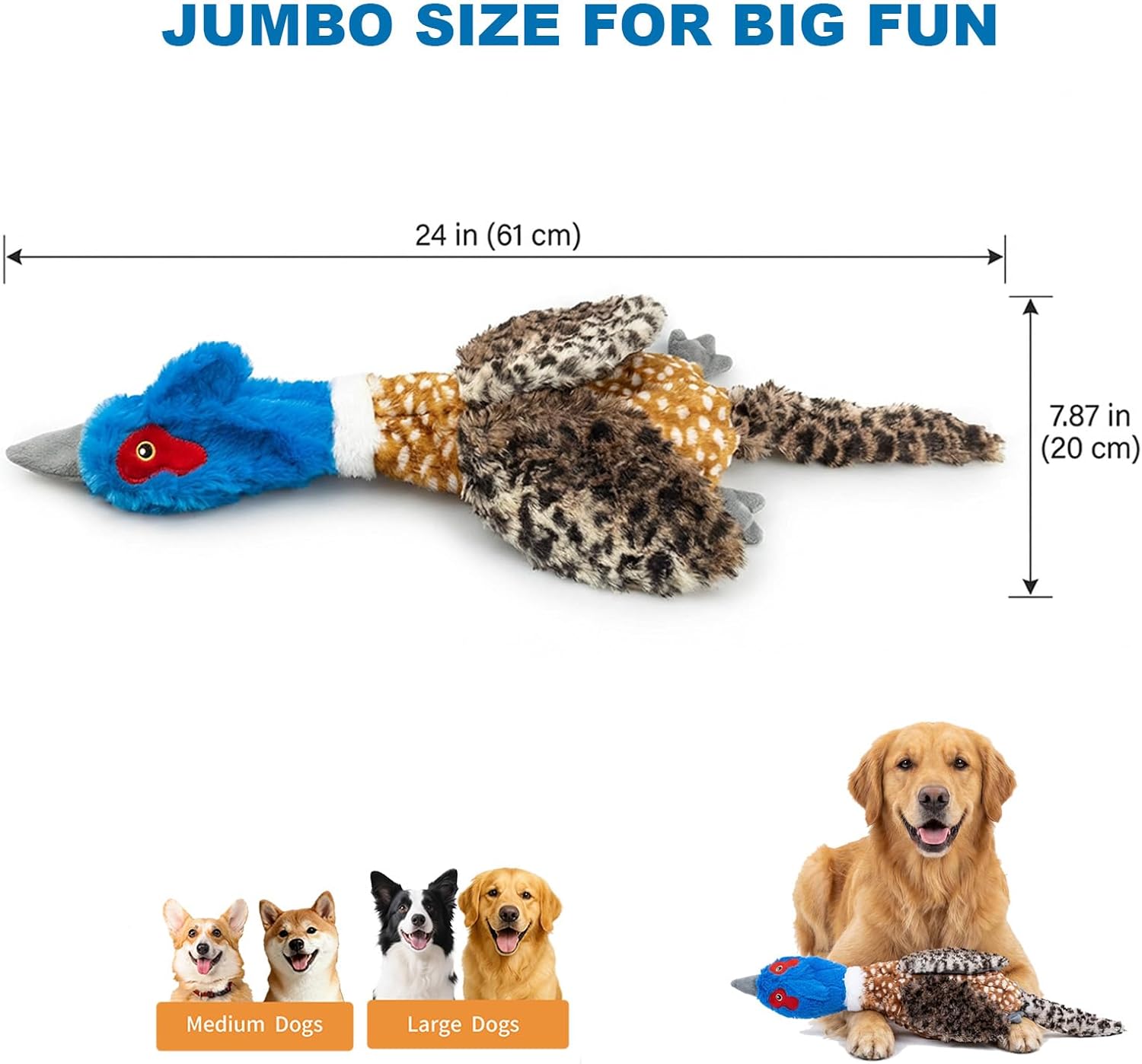 24” Jumbo Quilted Duck Dog Toy – Durable Tie-Dye Plush Bird with Double Squeakers & Crinkle Sound, No Stuffing Interactive Toy for Medium & Large Dogs