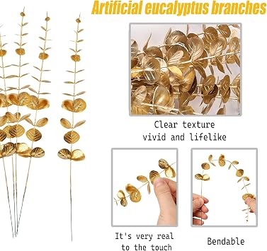 24Pcs Golden Artificial Eucalyptus Stems,15-inch Faux Branches Leaves,Artificial Eucalyptus Branches,Permanent Golden Leaves,Perfect for Styling Vases,Tabletops,and Wedding Celebrations