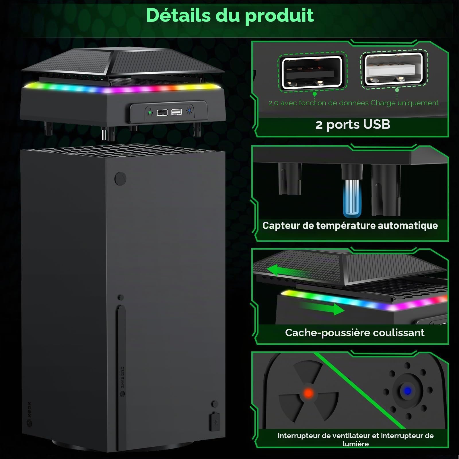 Ventilateur de refroidissement pour consoles Xbox, contrôle AI Gorixer, contrôle de vitesse réglable, avec filtre anti-poussière et 7 lumières RGB, système de refroidissement