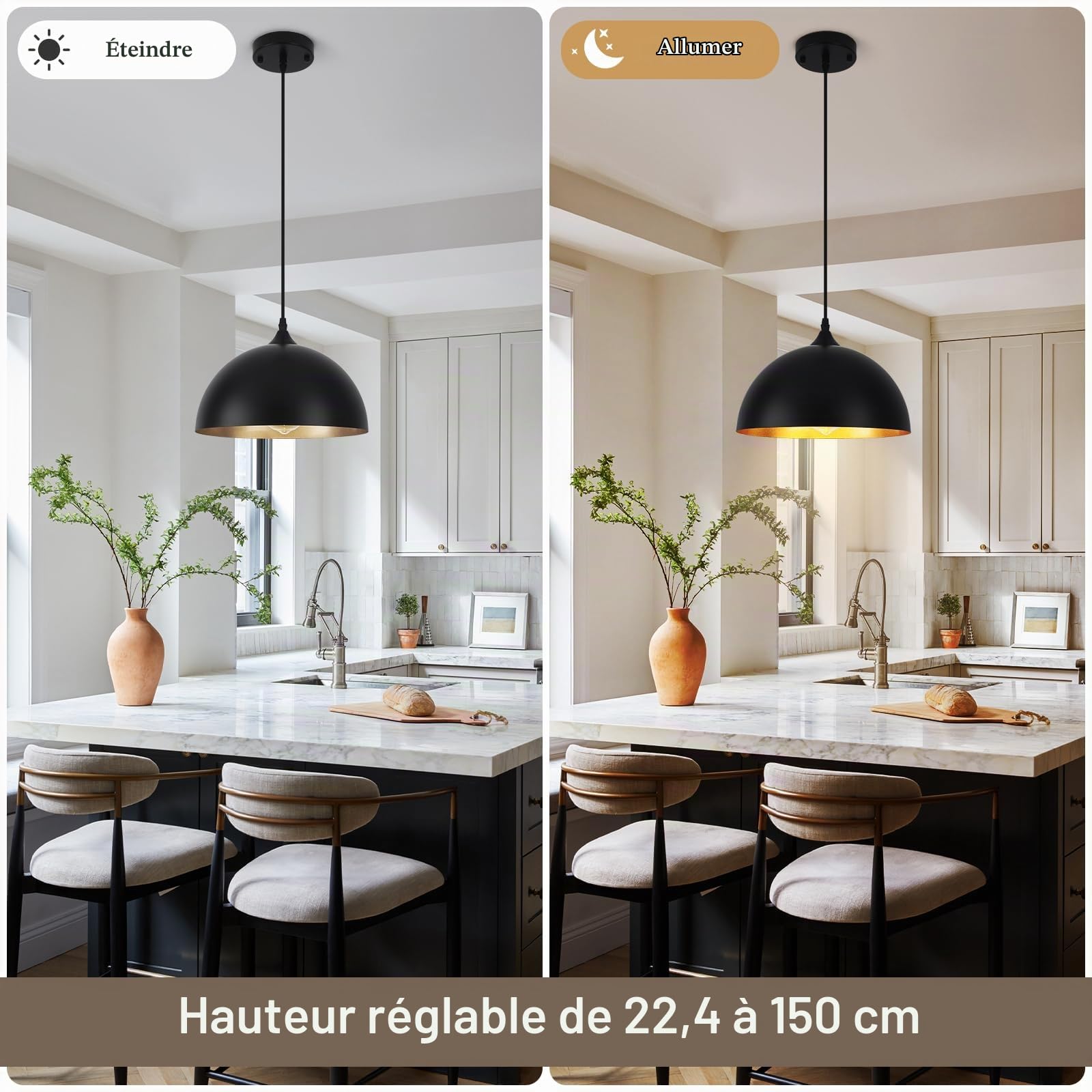 Lot de 3 Suspensions Industrielles, Suspensions Noires et Dorées | Luminaires Suspendus pour îlot de Cuisine pour Chambre à Coucher, Salon, Restaurant, Bar, E27