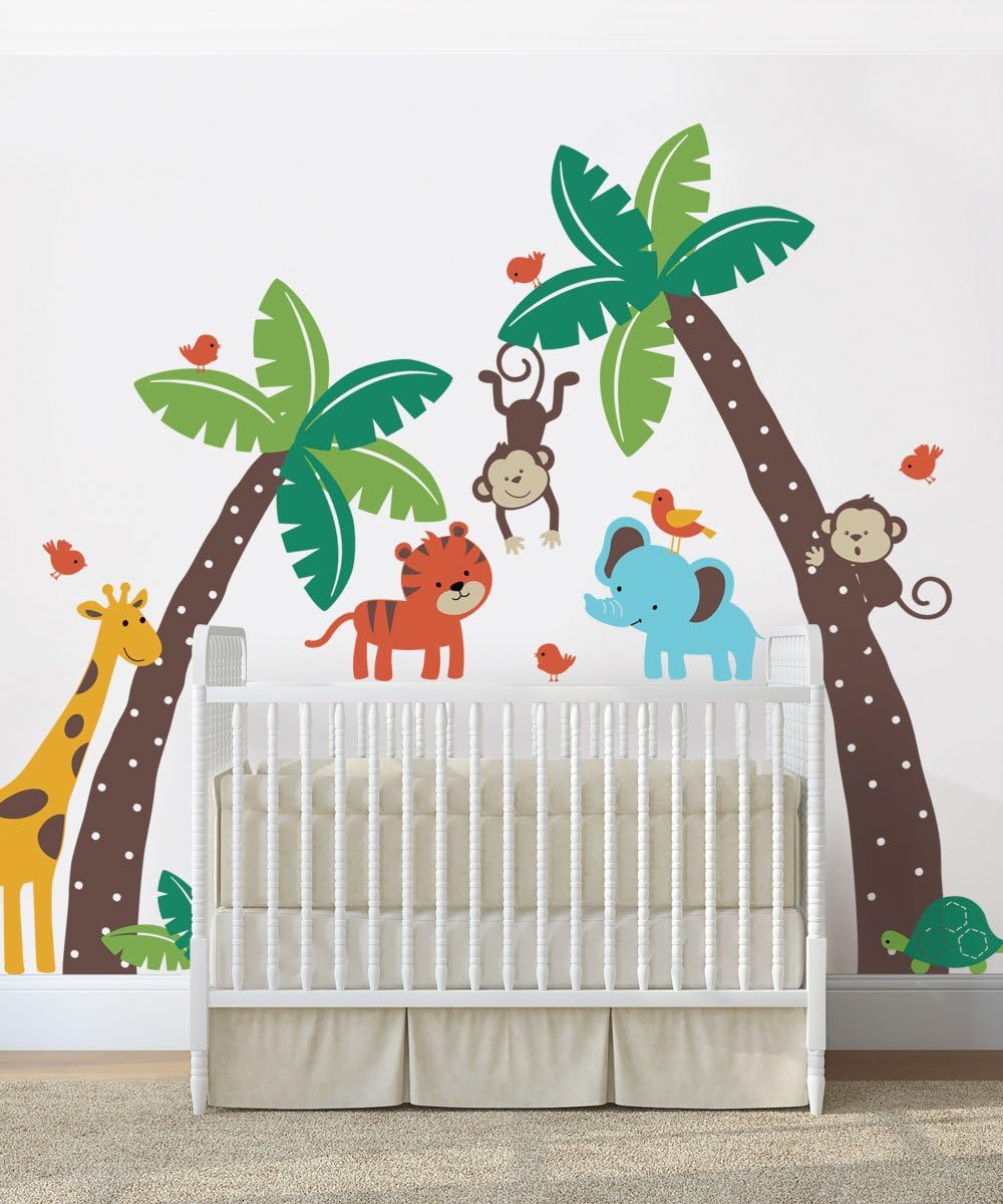 Palm Trees with Cute Jungle Animals Wall Decal - Scheme B - by Simple Shapes