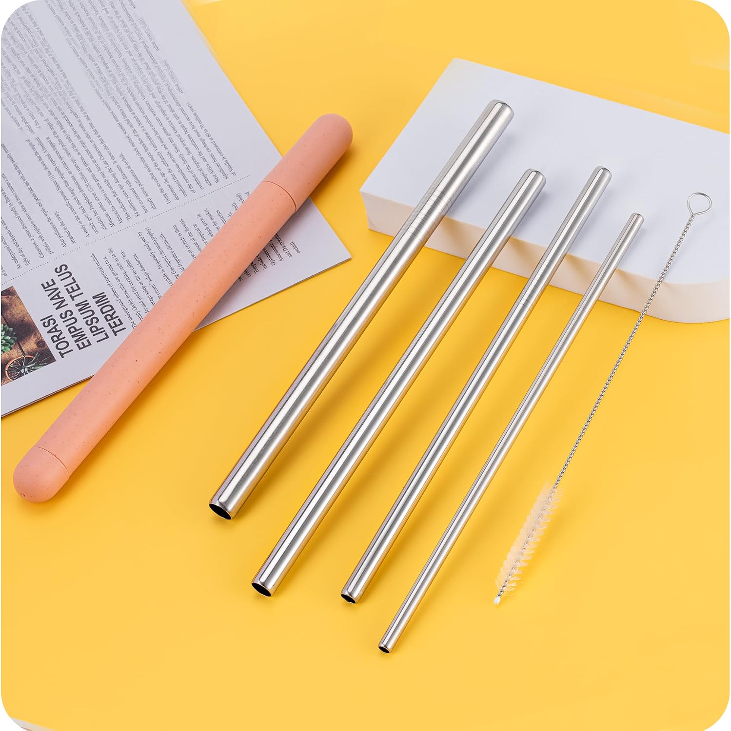 4-Pack Stainless Steel Straw Set - 215mm (8.5") Length, 6/8/10/12mm (0.24"/0.31"/0.39"/0.5") Diameters - Fits Coffee, Smoothies & All Cup Sizes - Reusable & Dishwasher Safe(Black)