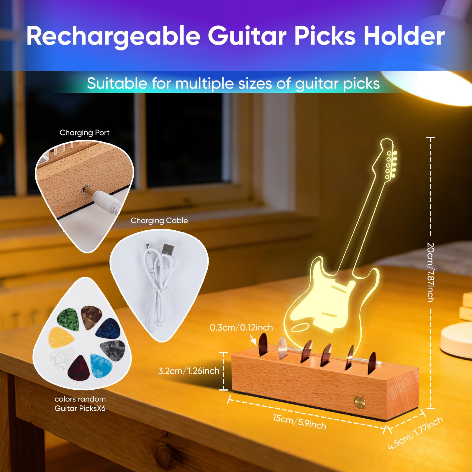 Soporte para púas de guitarra iluminado: vitrina recargable con contorno táctil ligero – Caja de almacenamiento para púas de guitarra con 6 púas de guitarra, accesorios de guitarra para bajo ukelele