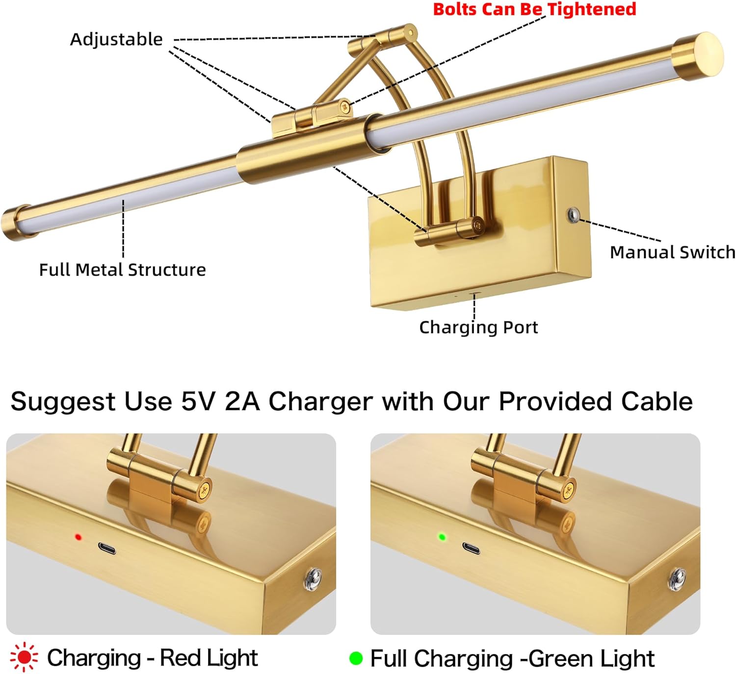 24“ Wireless Picture Lights for Wall, Battery Operated Picture Light with Remote, Rechargeable LED Painting Light 3000K/4000K/6000K Dimmable, Art Lighting for Paintings Frame Gallery Dartboard, Gold