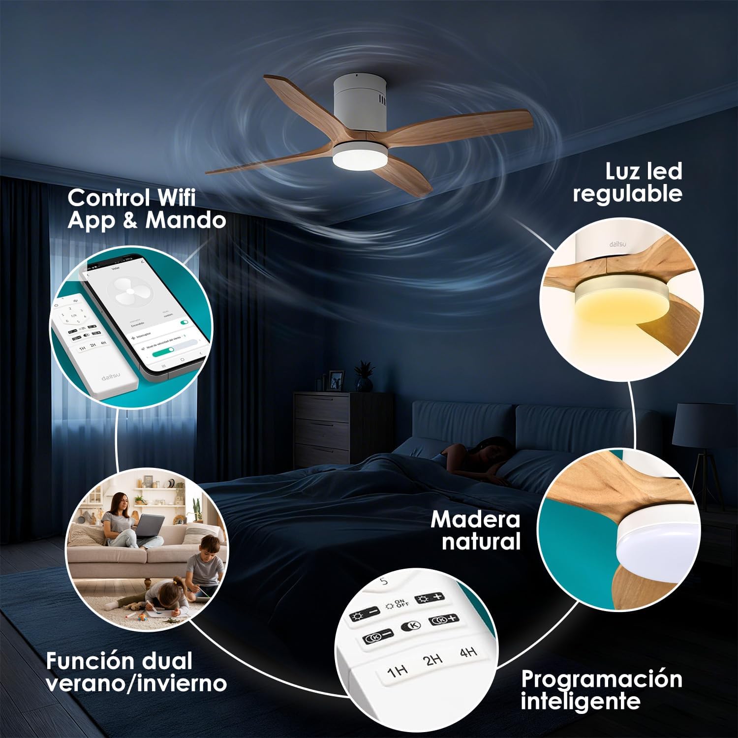 Diagram showing various features of the Daitsu Velar fan including WiFi control, LED light, natural wood blades, summer/winter function, and smart programming