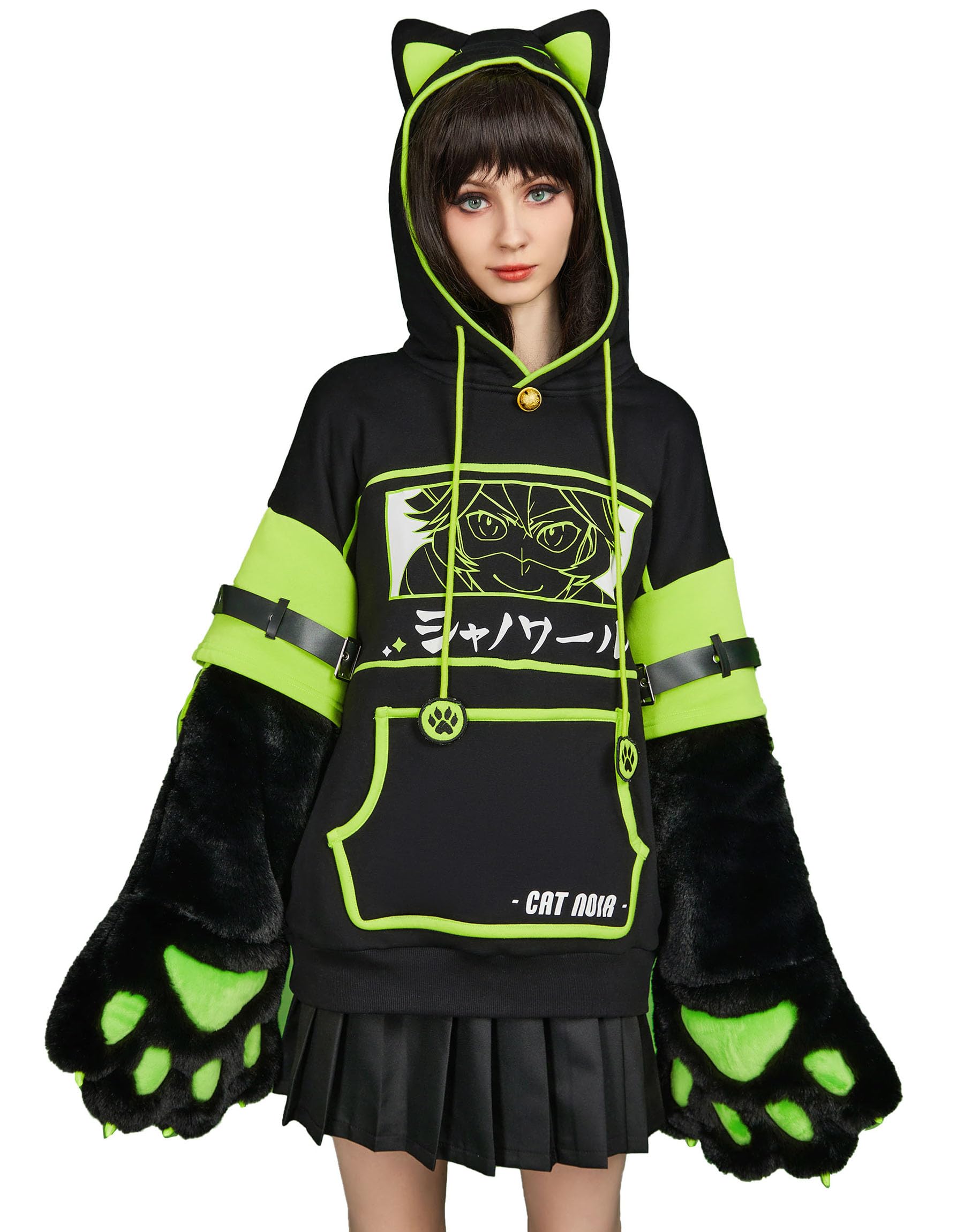 Micotaku Women's Miraculous Cat Noir Pullover Hoodie Detachable Furry Cat Paw Gloves Handbag Hooded Sweatshirt, Black, Large