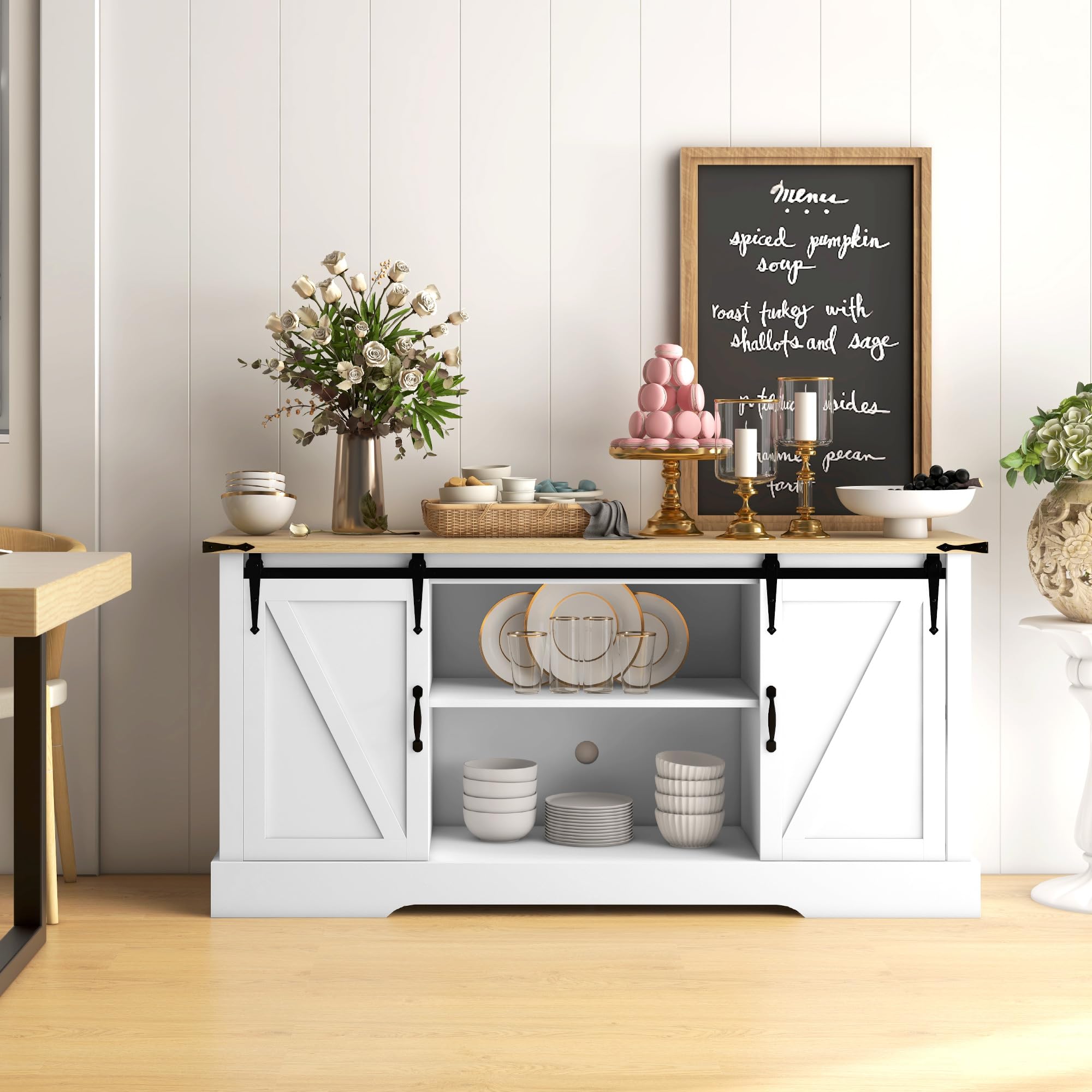 HOMCOM Credenza, mobile contenitore, con 2 ante scorrevoli, ripiani regolabili, per soggiorno, sala da pranzo, corridoio, 150L x 40D x 72H cm, legno, rovere bianco
